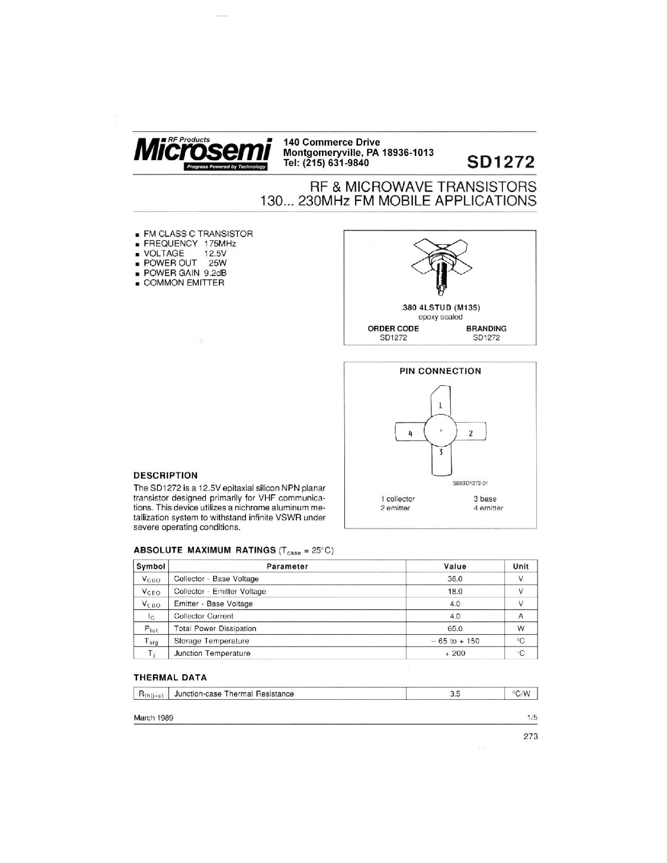 Datasheet SD1272 - RF & MICROWAVE TRANSISTORS page 1