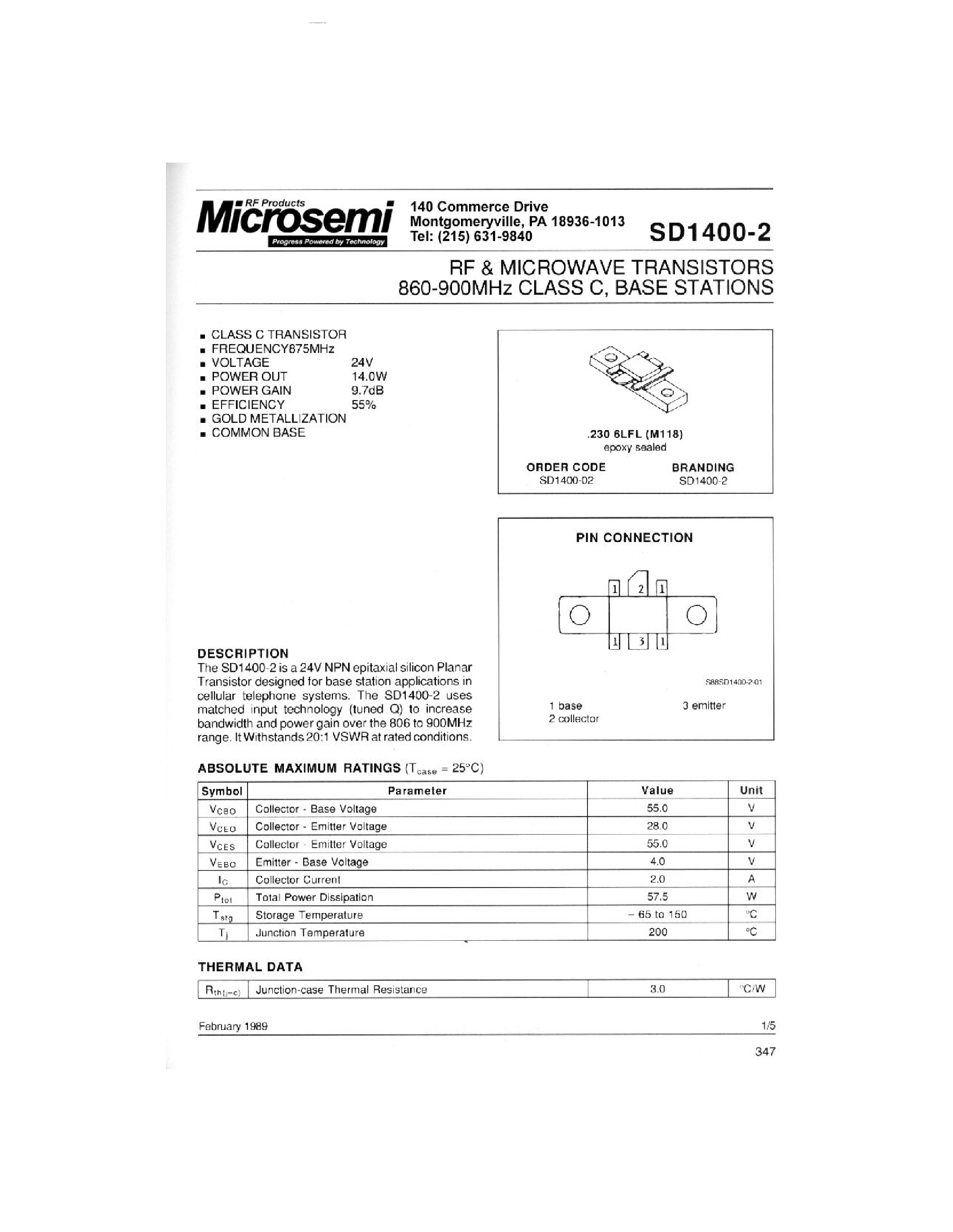 Datasheet SD1400-2 - RF & MICROWAVE TRANSISTORS page 1