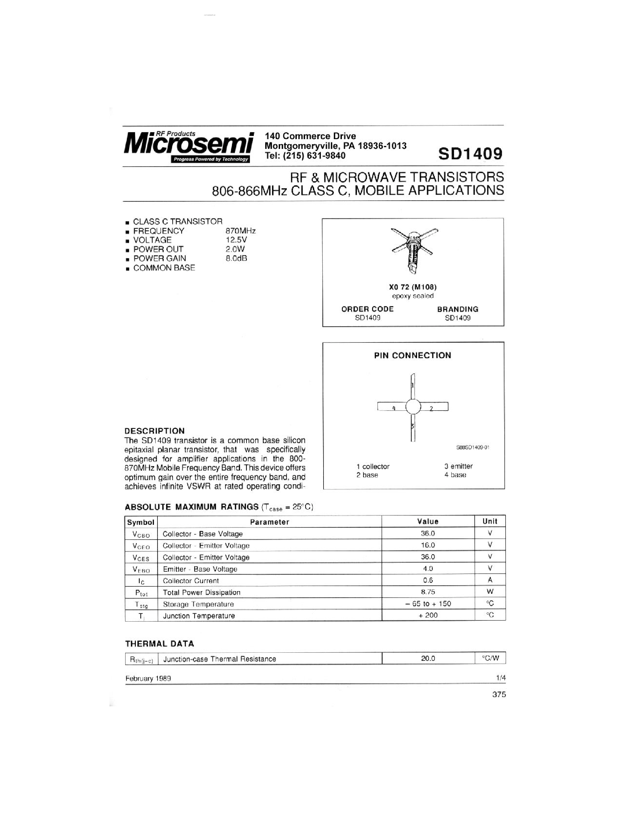 Datasheet SD1409 - RF & MICROWAVE TRANSISTORS page 1