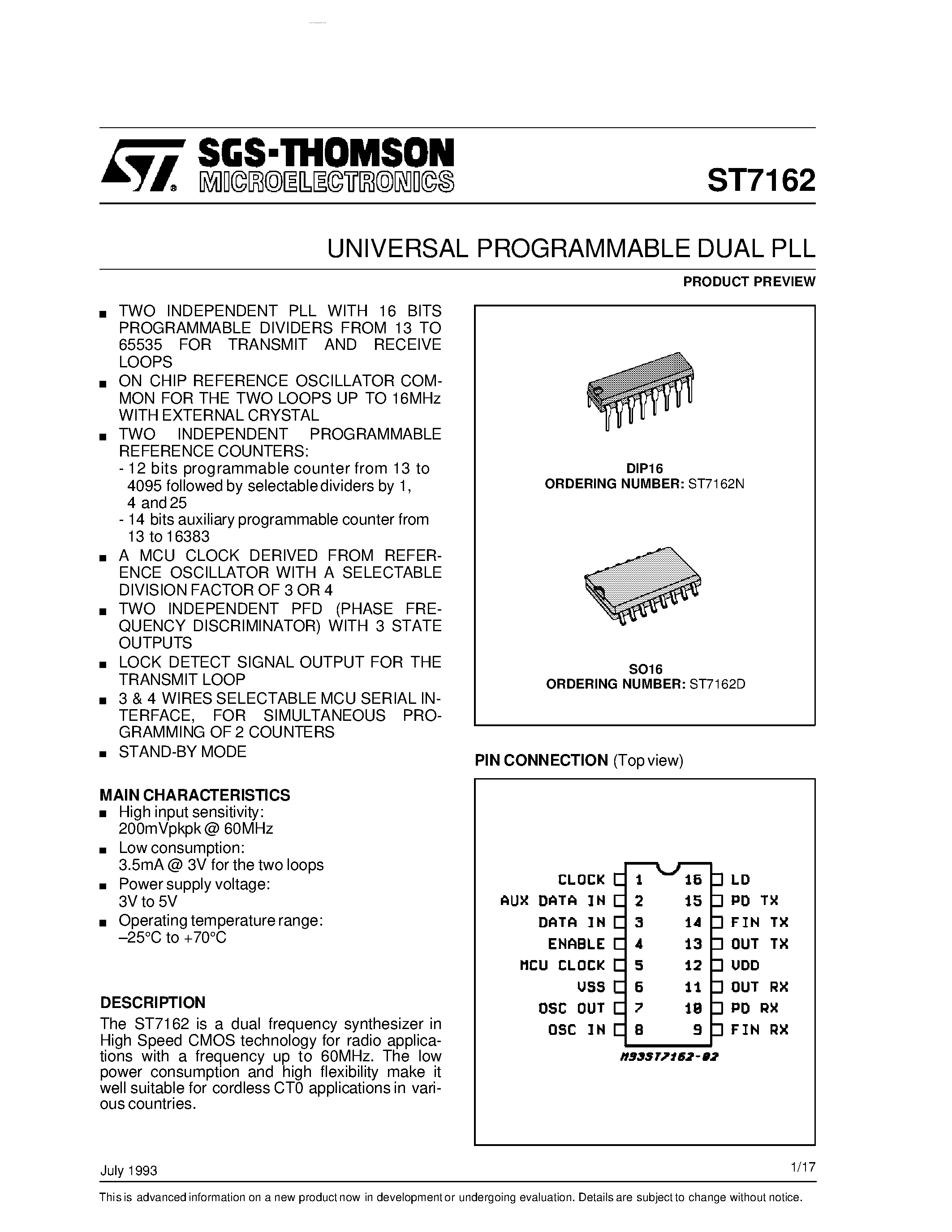 Даташит ST7162 - UNIVERSAL PROGRAMMABLE DUAL PLL страница 1