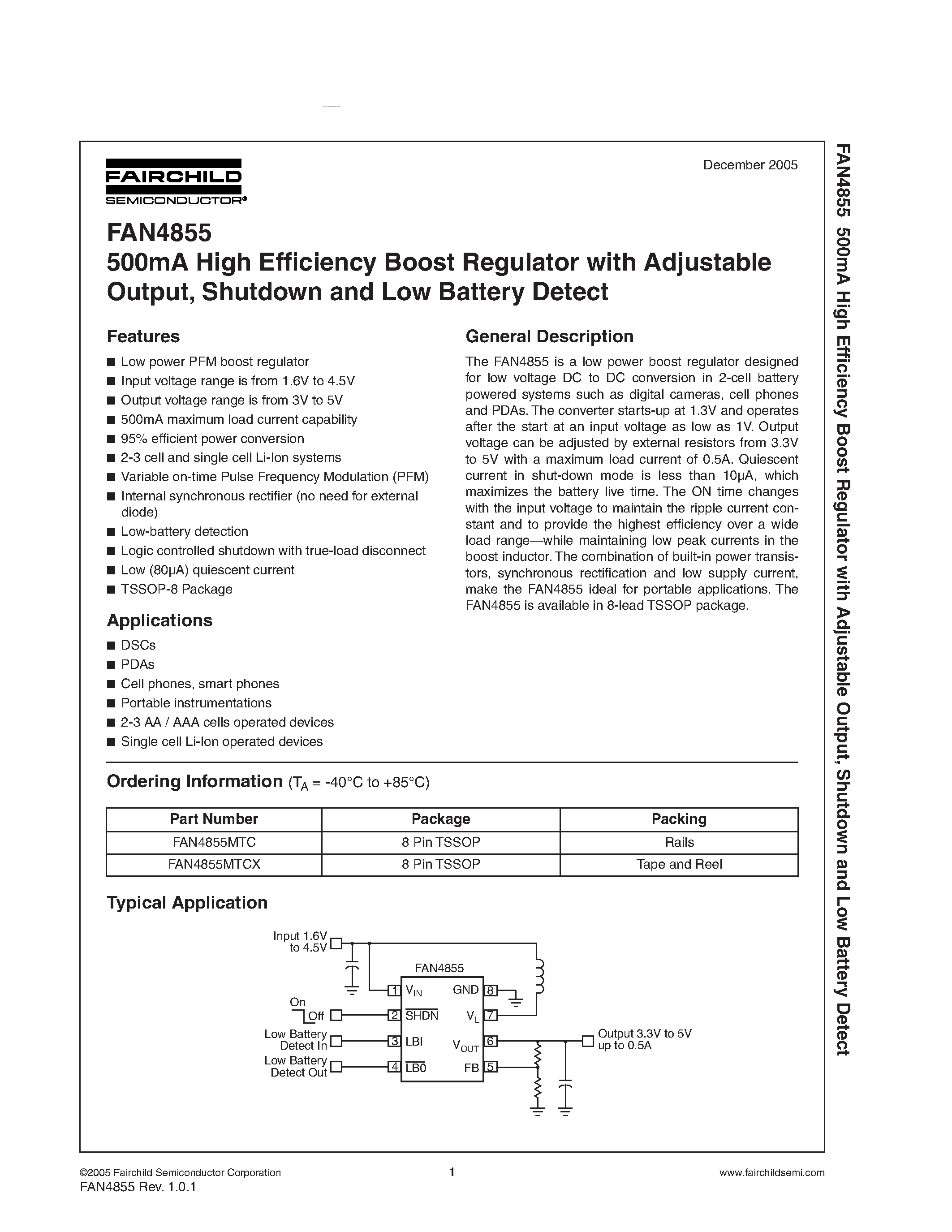 Даташит FAN4855 - High Efficiency Boost Regulator страница 1