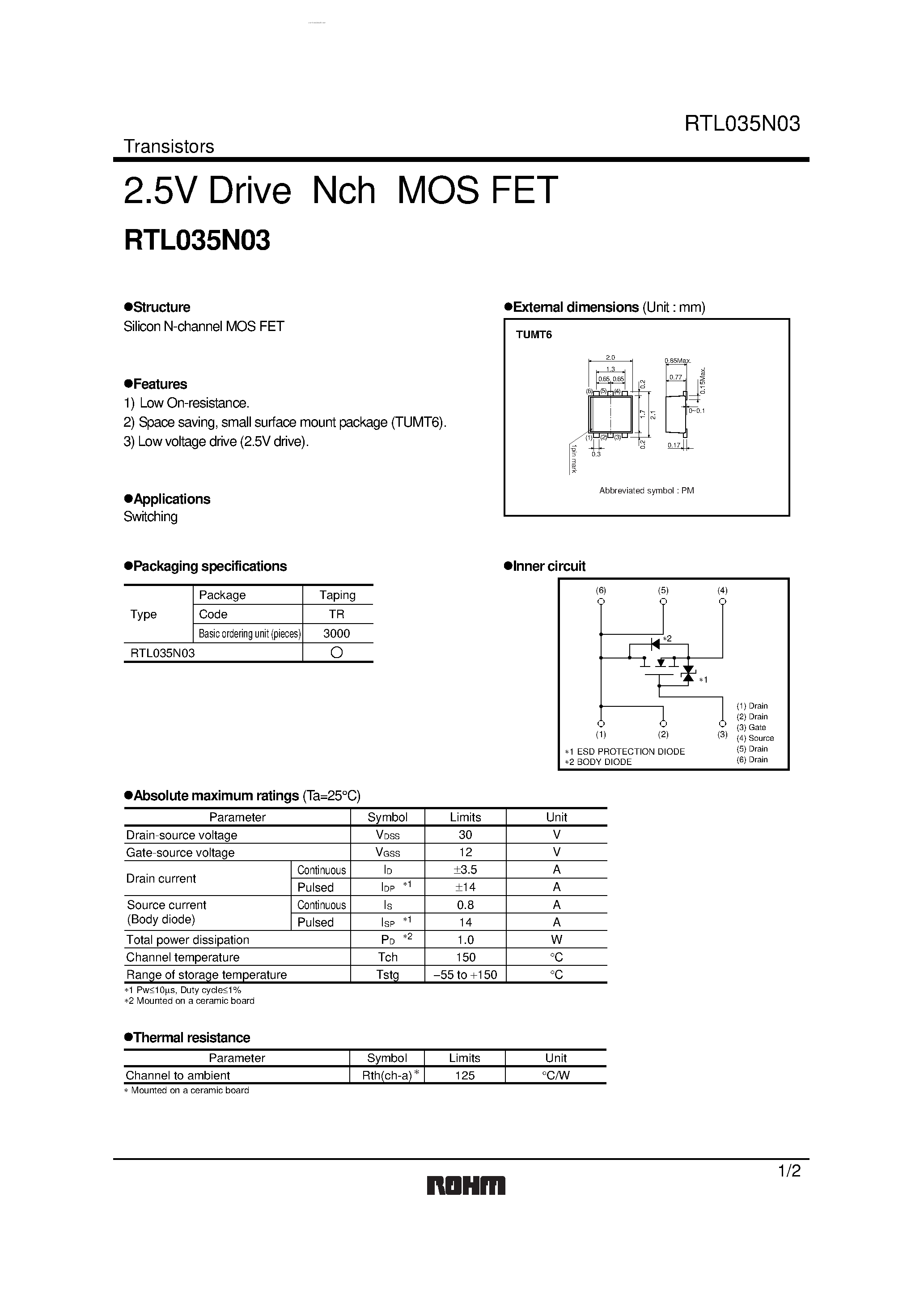 Даташит RTL035N03 - 2.5V Drive Nch MOSFET страница 1