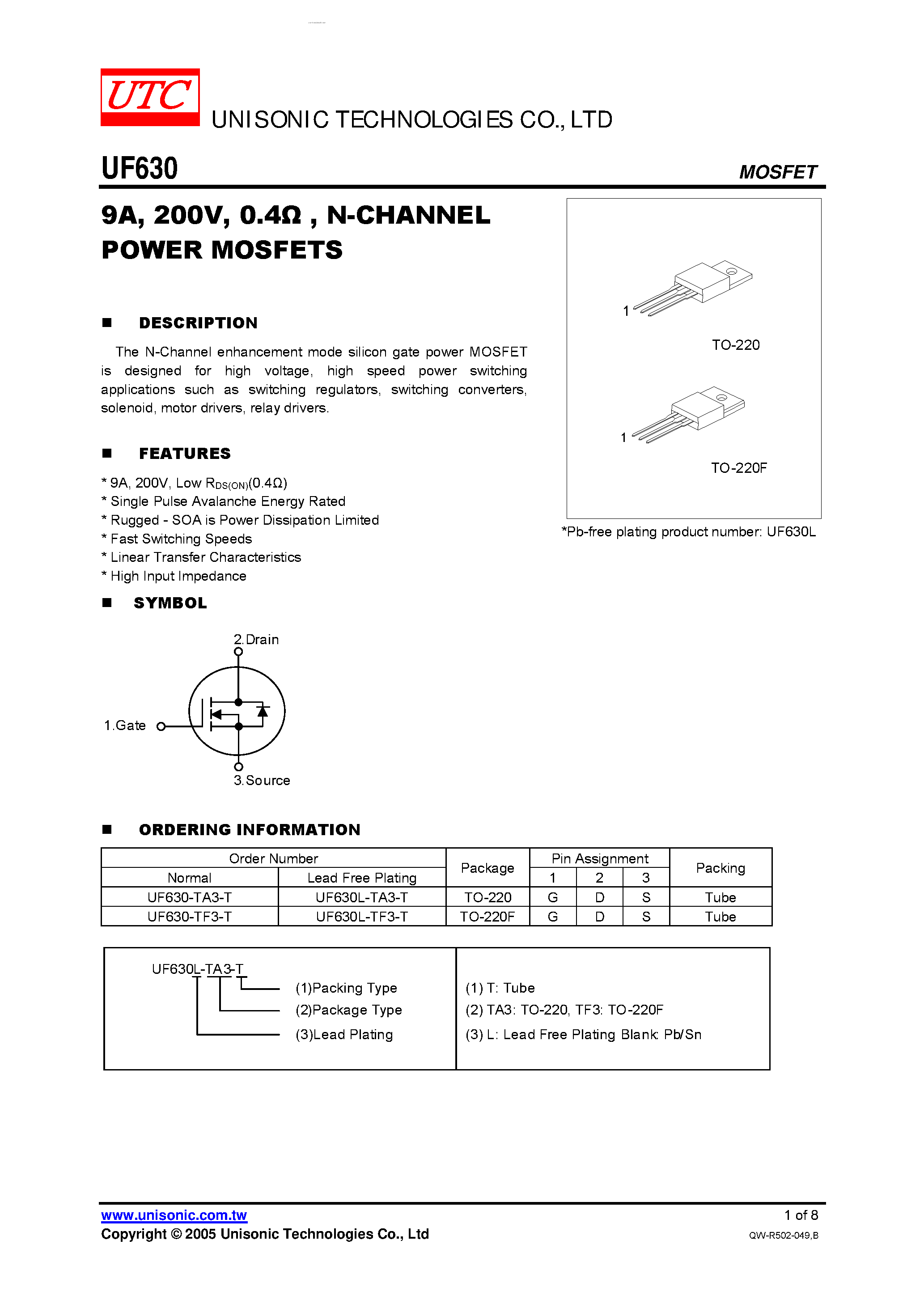 Даташит UF630 - N-CHANNEL POWER MOSFETS страница 1