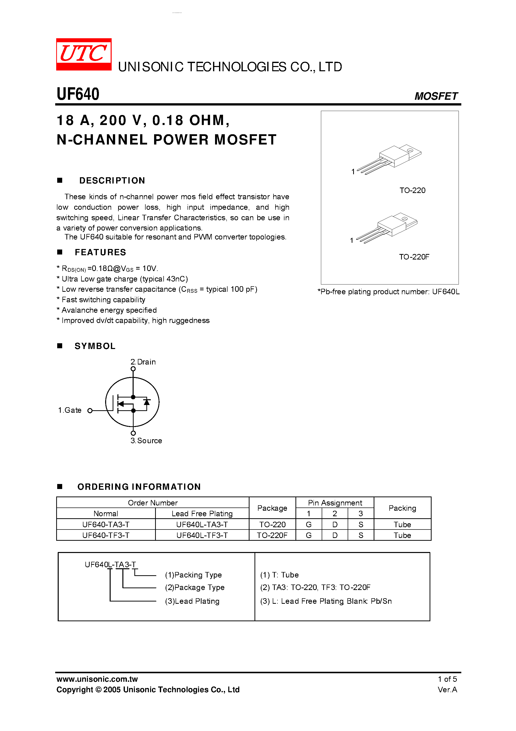 Даташит UF640 - N-CHANNEL POWER MOSFET страница 1