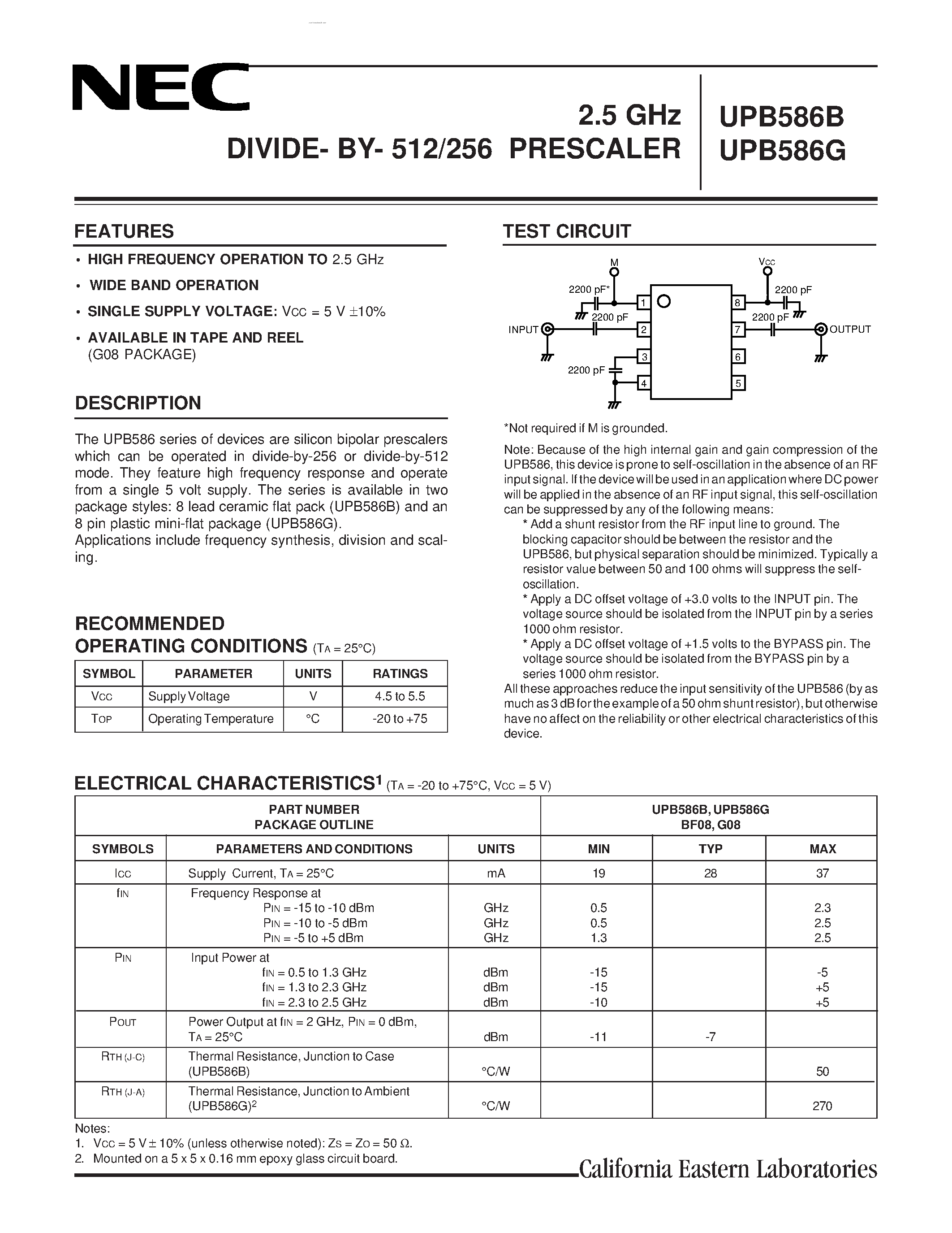 Даташит UPB586B - (UPB586B / UPB586G) 3.0 GHz PRESCALER DIVIDED BY 256/ 128/ 64 FOR BS/CS TUNER страница 1