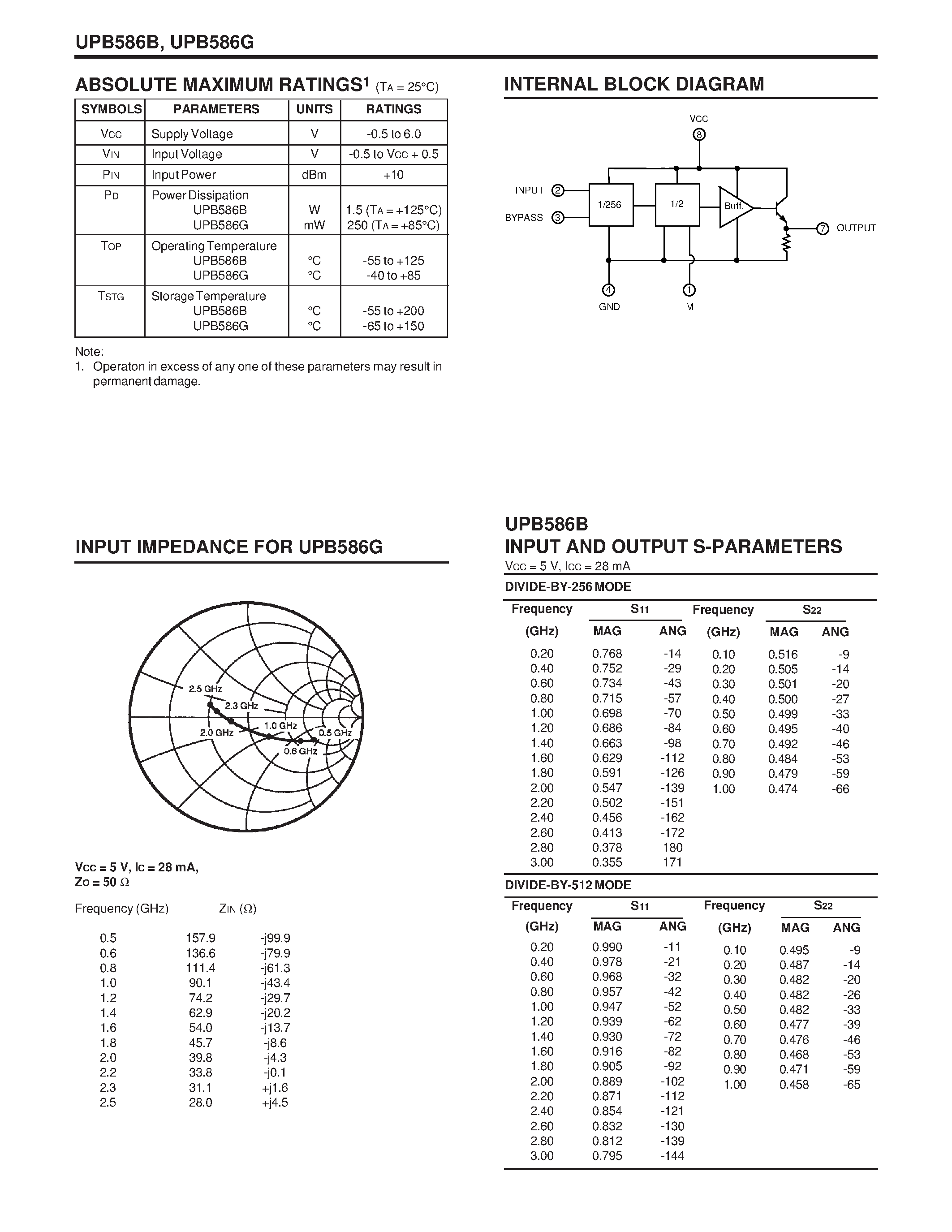 Даташит UPB586B - (UPB586B / UPB586G) 3.0 GHz PRESCALER DIVIDED BY 256/ 128/ 64 FOR BS/CS TUNER страница 2