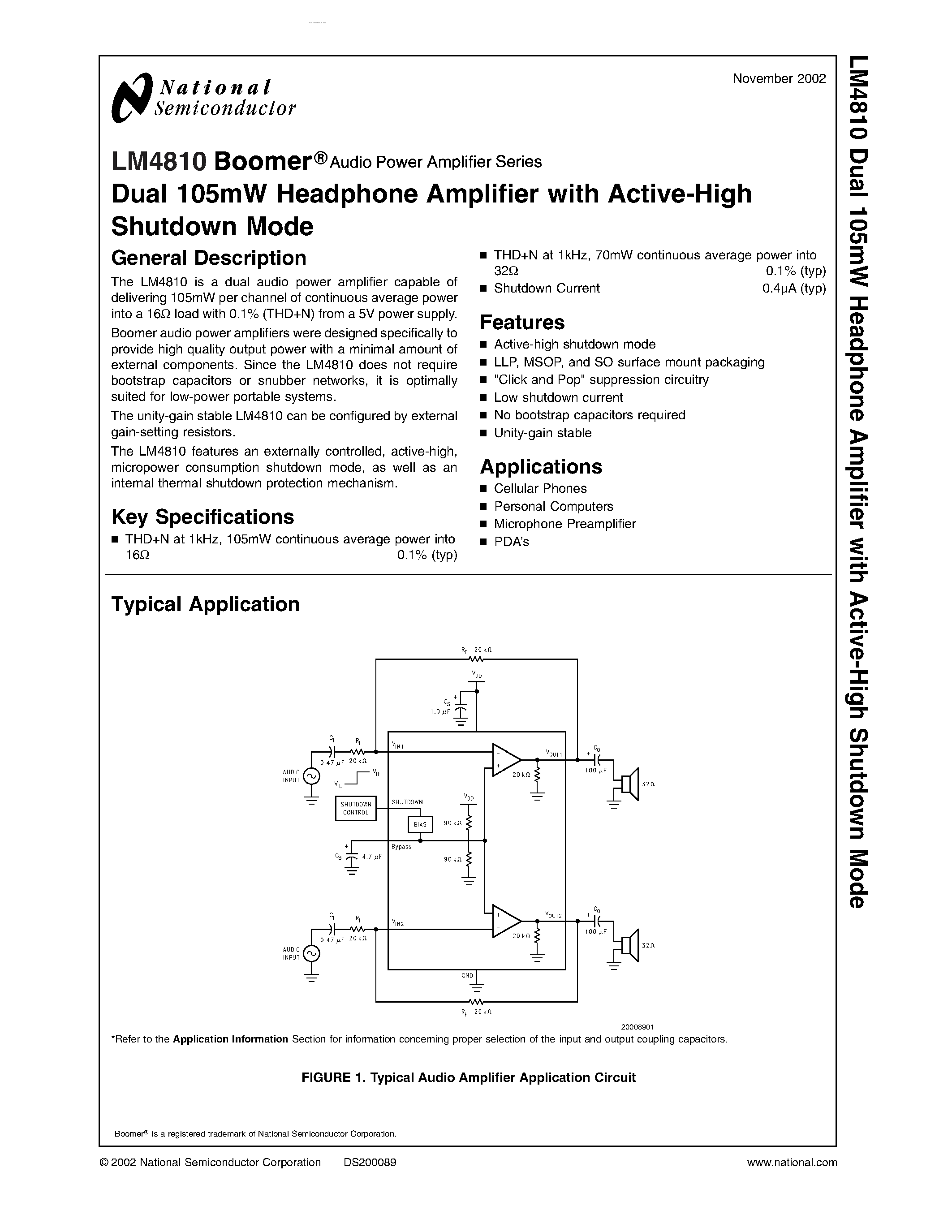 Даташит LM4810 - Dual 105mW Headphone Amplifier страница 1