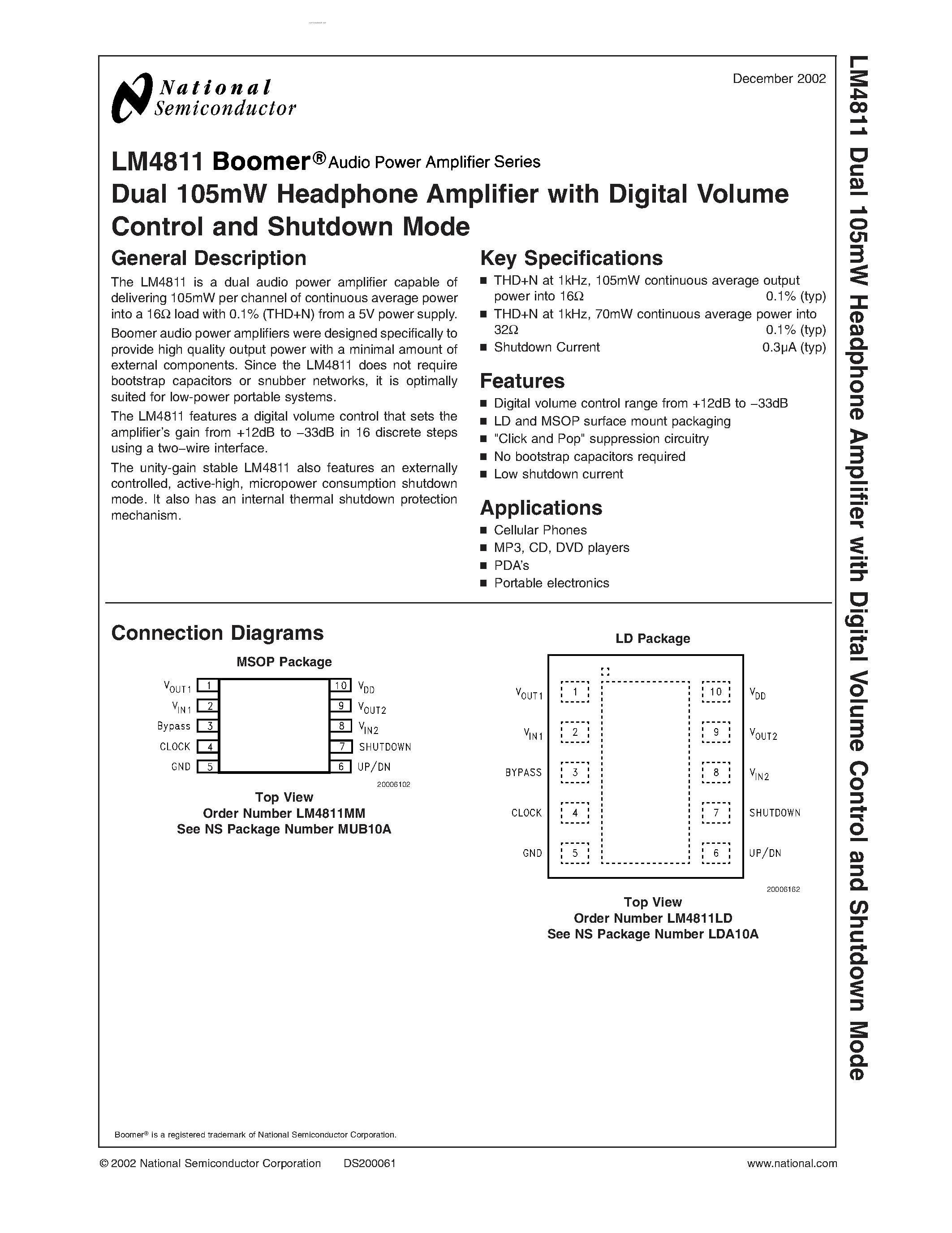 Даташит LM4811 - Dual 105mW Headphone Amplifier страница 1