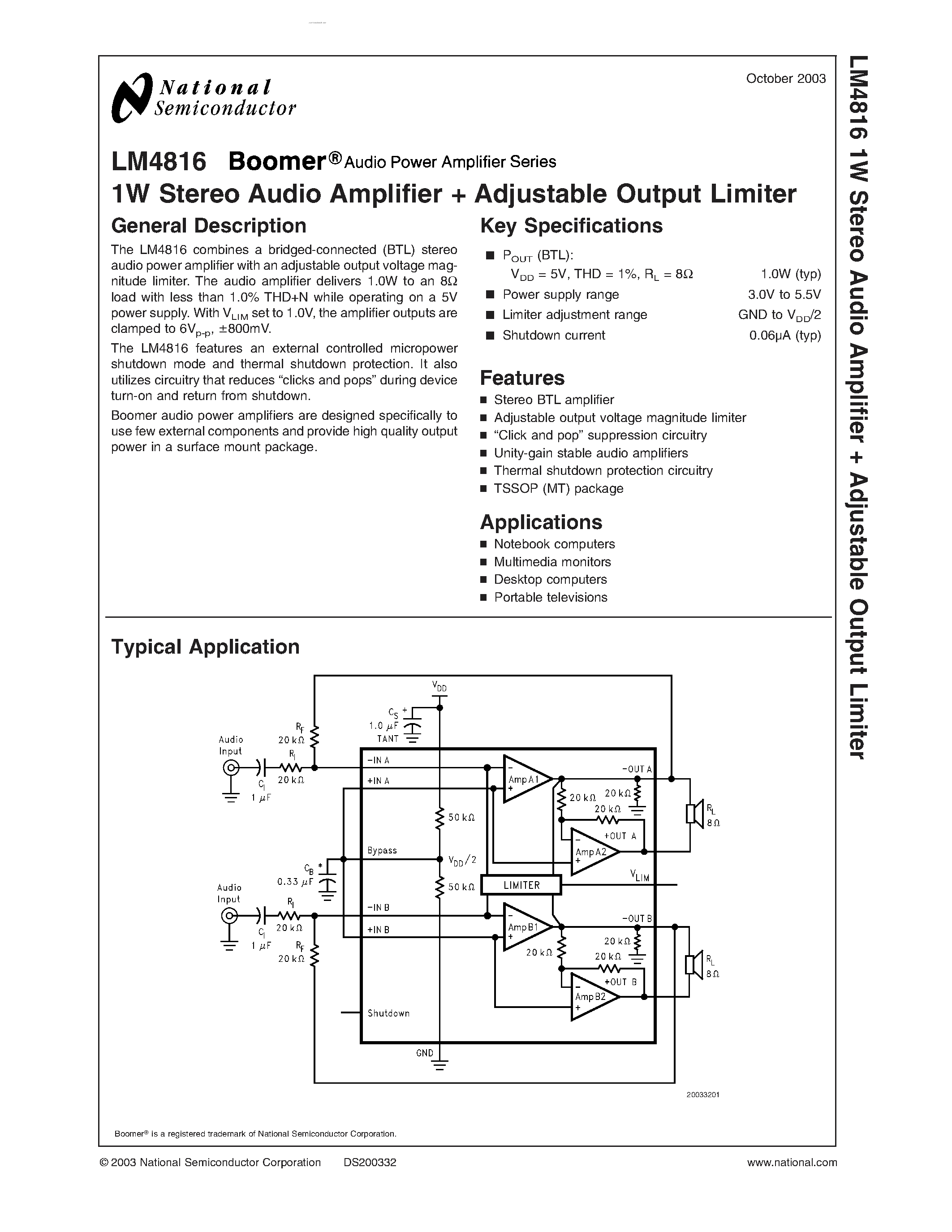 Даташит LM4816 - 1W Stereo Audio Amplifier + Adjustable Output Limiter страница 1