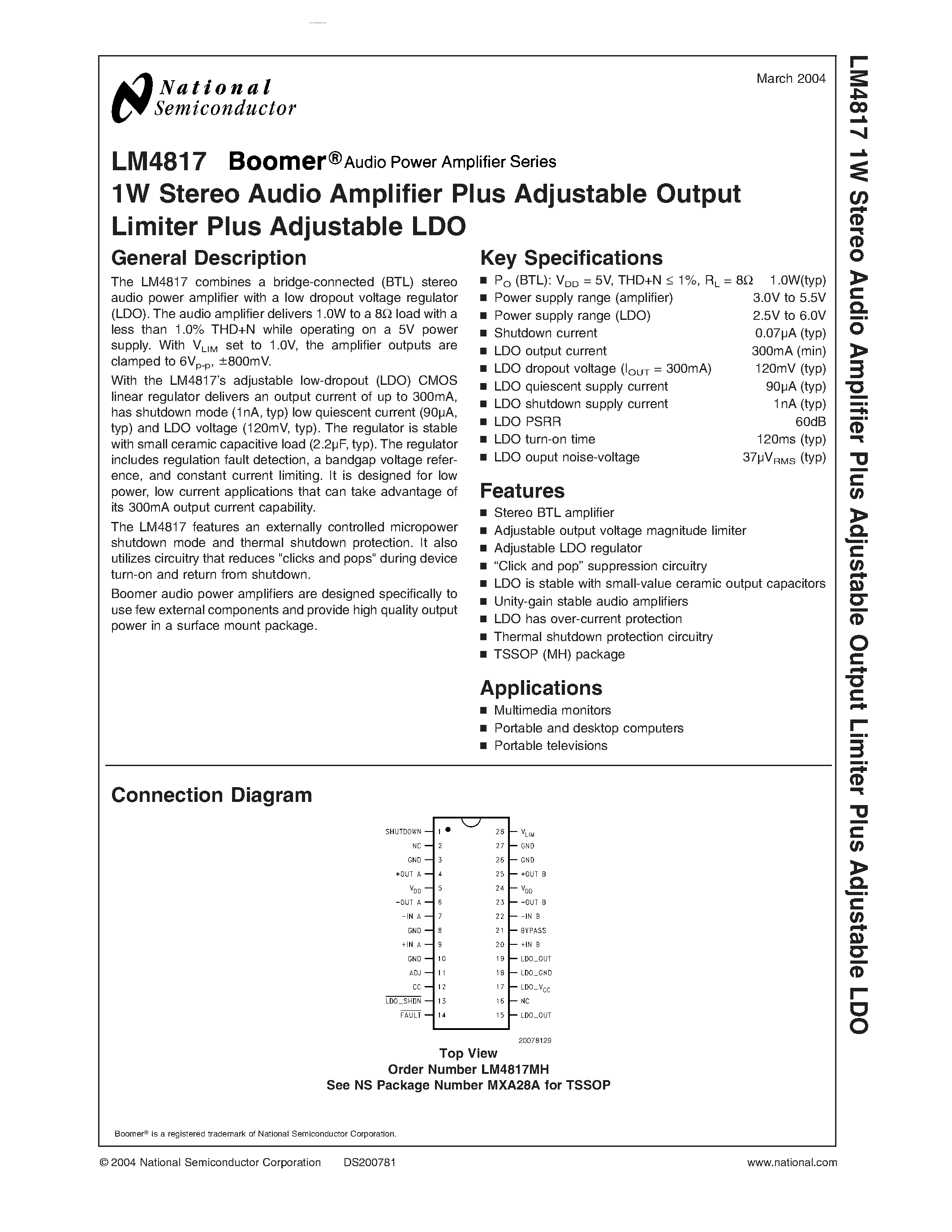 Даташит LM4817 - 1W Stereo Audio Amplifier Plus Adjustable Output Limiter Plus Adjustable LDO страница 1