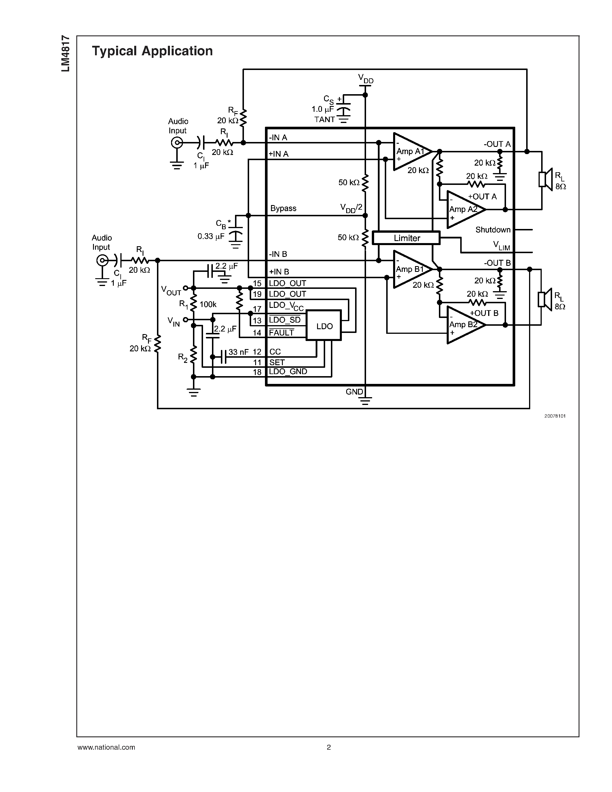 Даташит LM4817 - 1W Stereo Audio Amplifier Plus Adjustable Output Limiter Plus Adjustable LDO страница 2