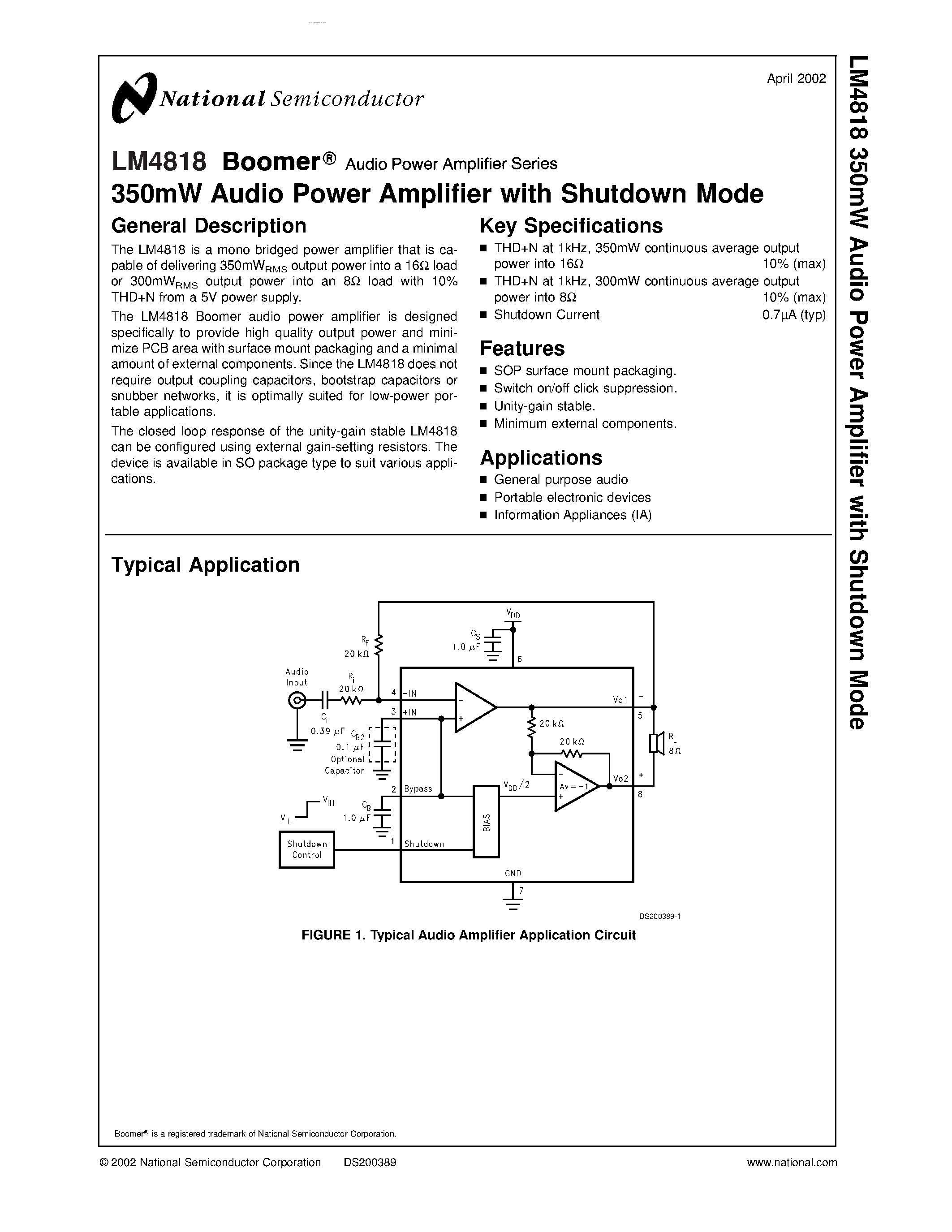 Даташит LM4818 - 350mW Audio Power Amplifier страница 1