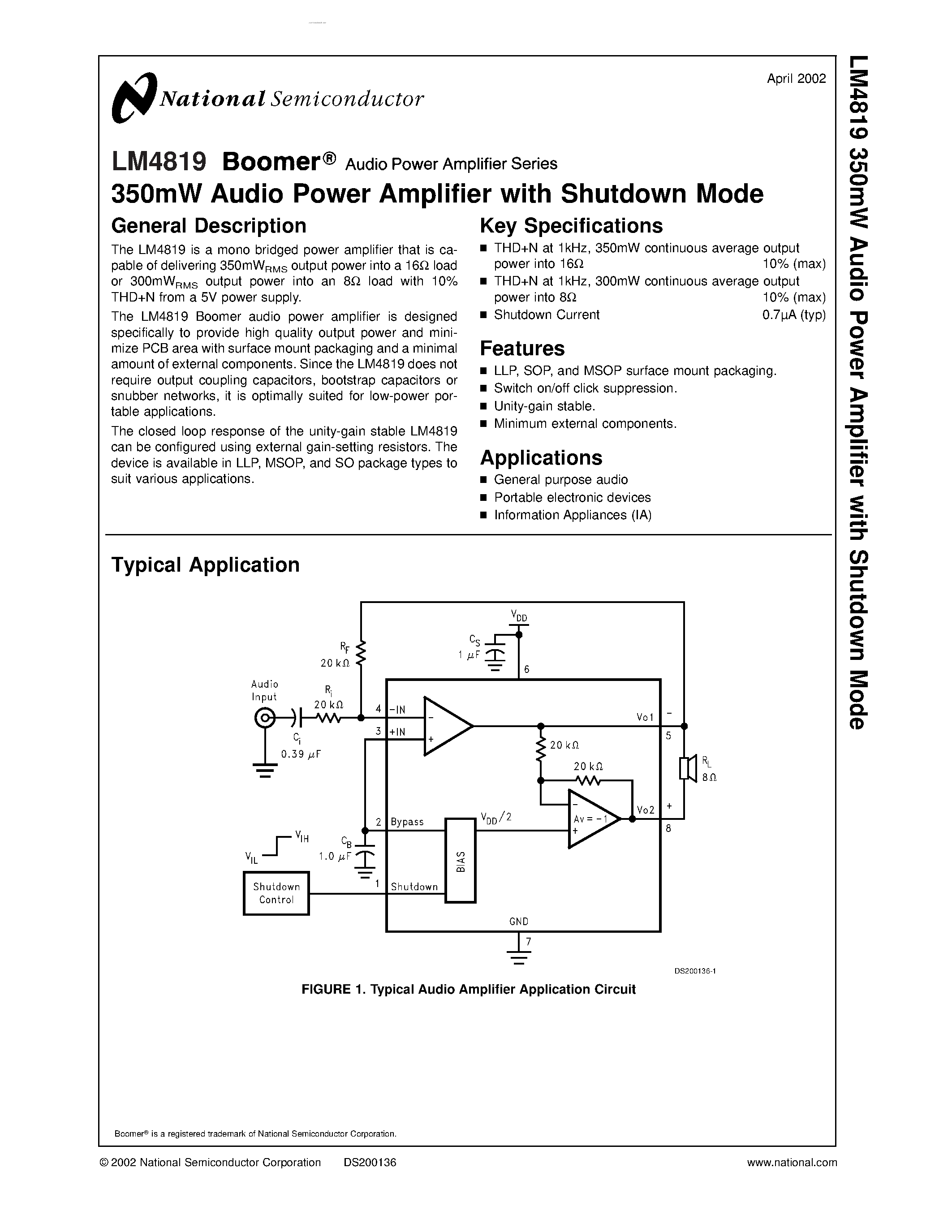 Даташит LM4819 - 350mW Audio Power Amplifier страница 1