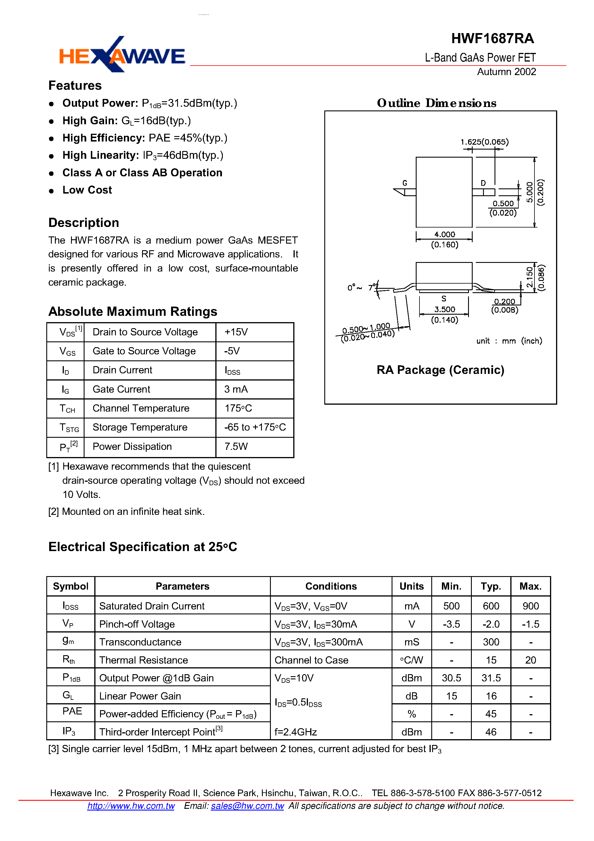 Datasheet HWF1687RA - L-Band GaAs Power FET page 1