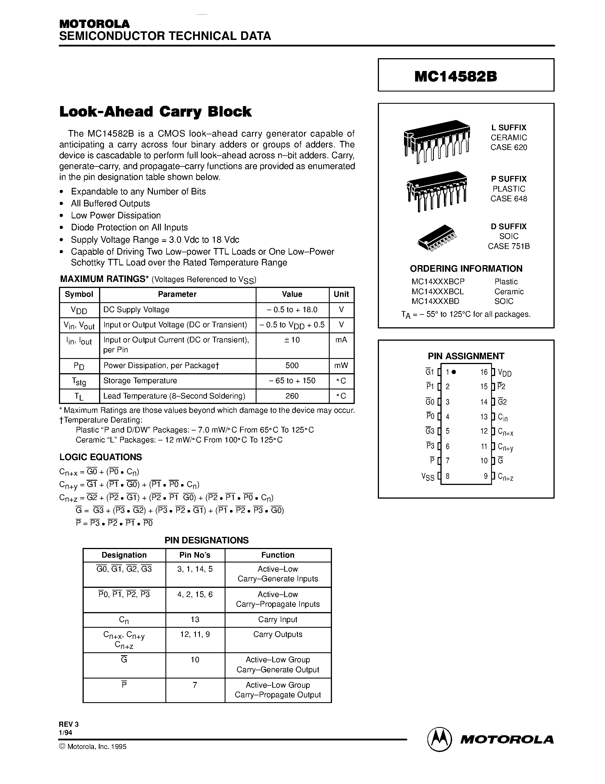 Даташит MC145828B - LOOK-AHEAD CARRY BLOCK страница 1