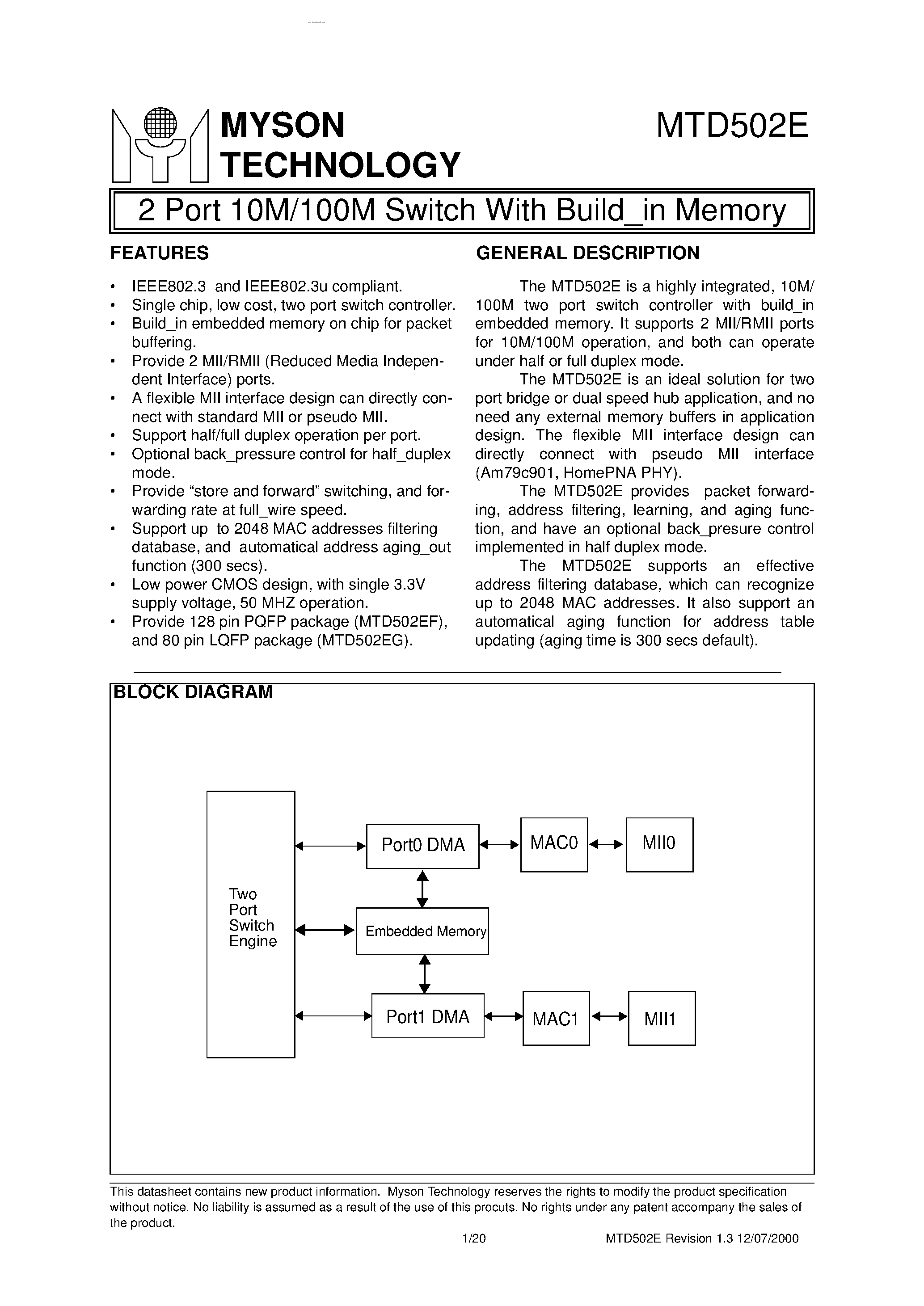 Даташит MTD502E - 2 Port 10M/100M Switch страница 1