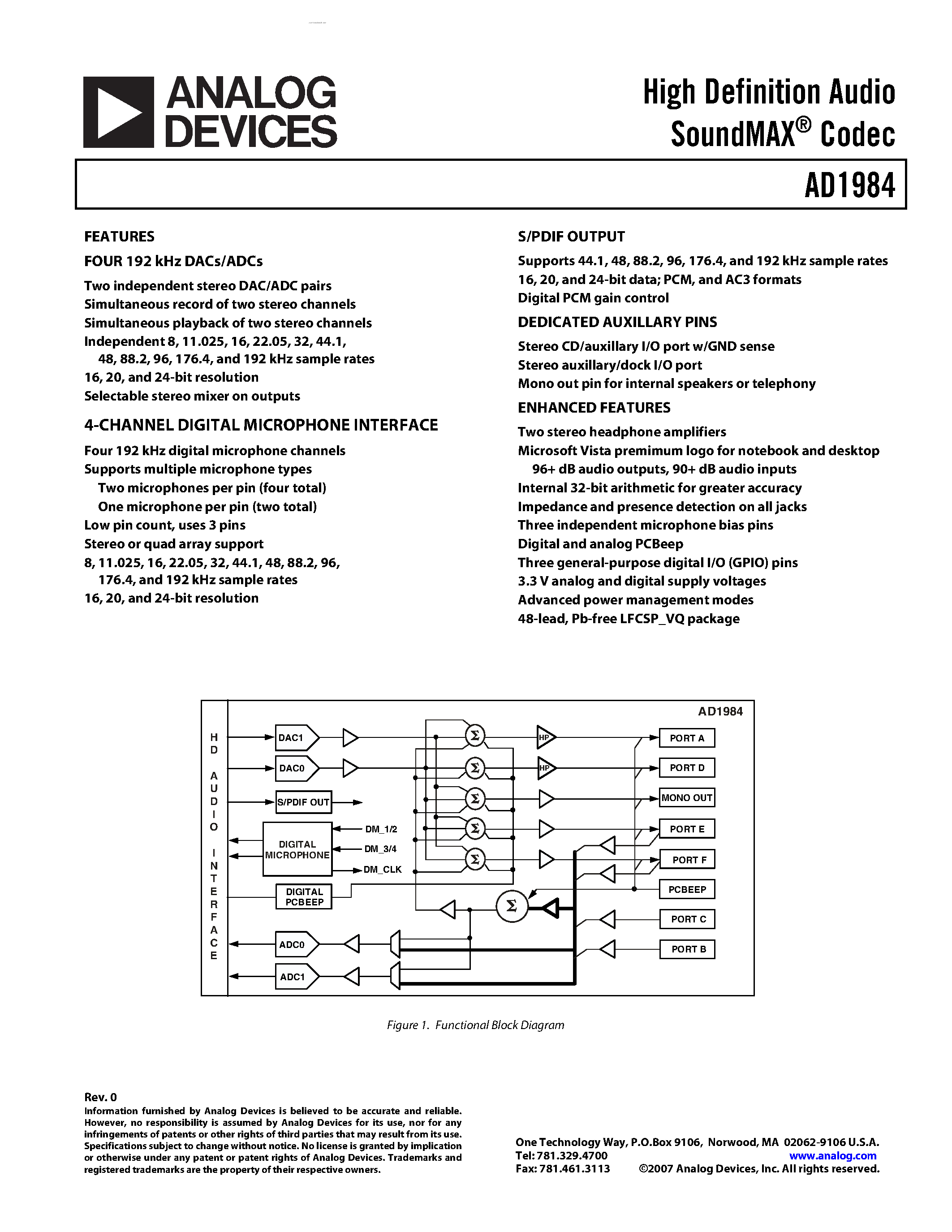 Datasheet AD1984 - High Definition Audio SoundMAX Codec page 1