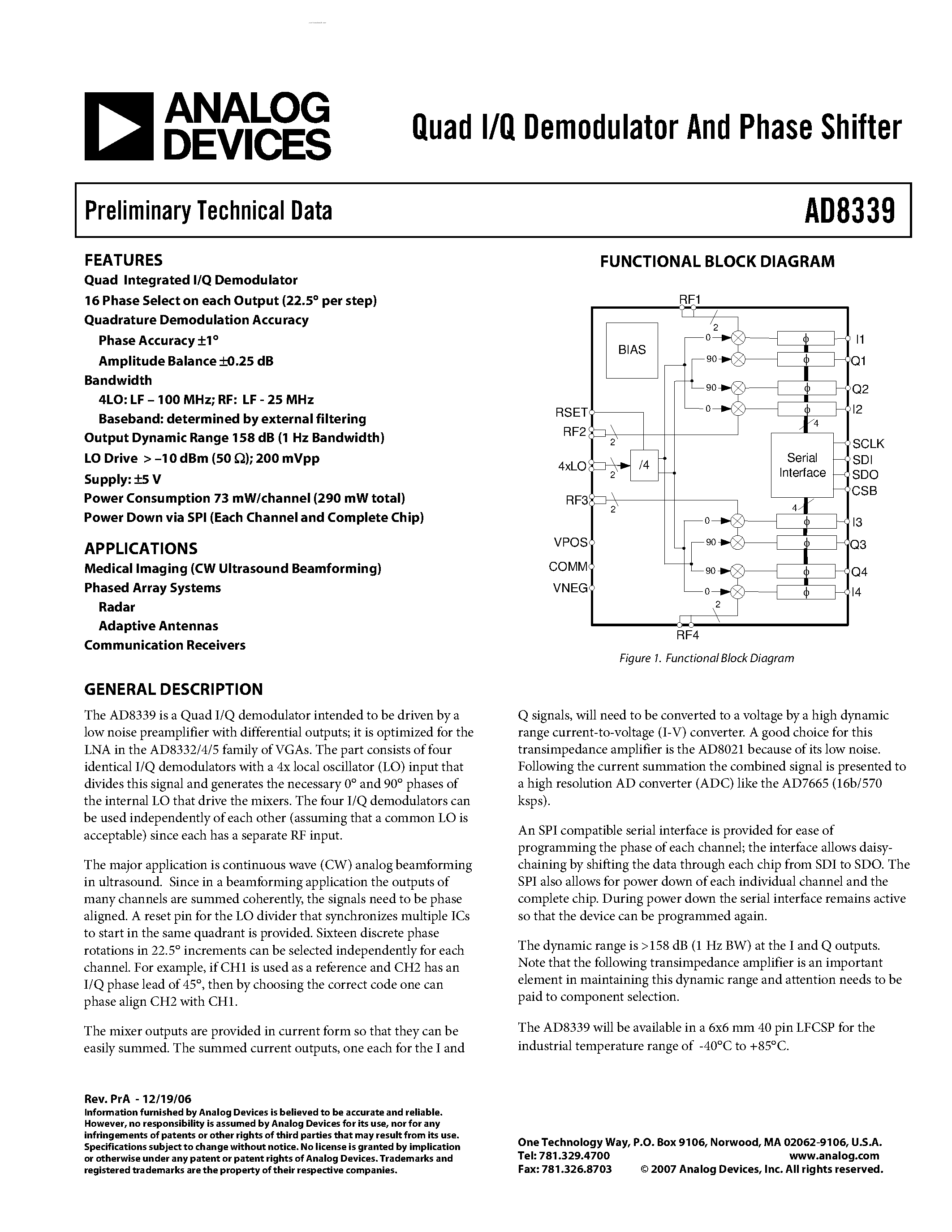 Даташит AD8339 - Quad I/Q Demodulator And Phase Shifter страница 1