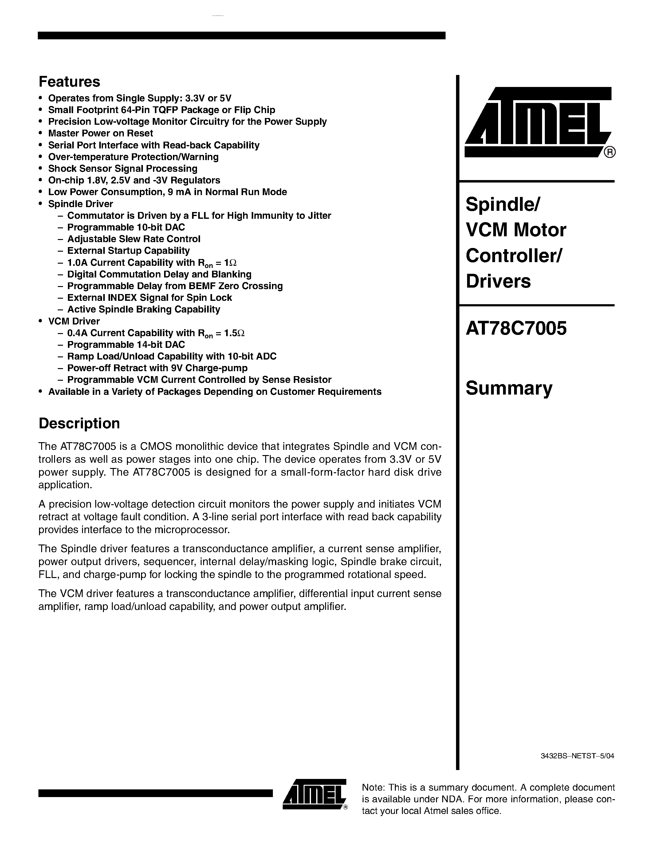 Даташит AT78C7005 - Spindle/VCM MotorController/Drivers страница 1