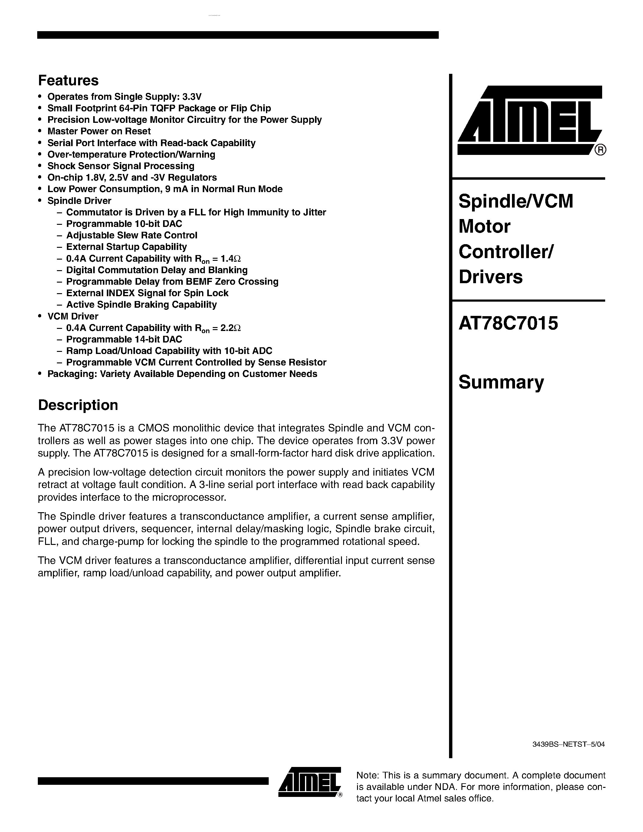 Даташит AT78C7015 - Spindle/VCM Motor Controller/Drivers страница 1