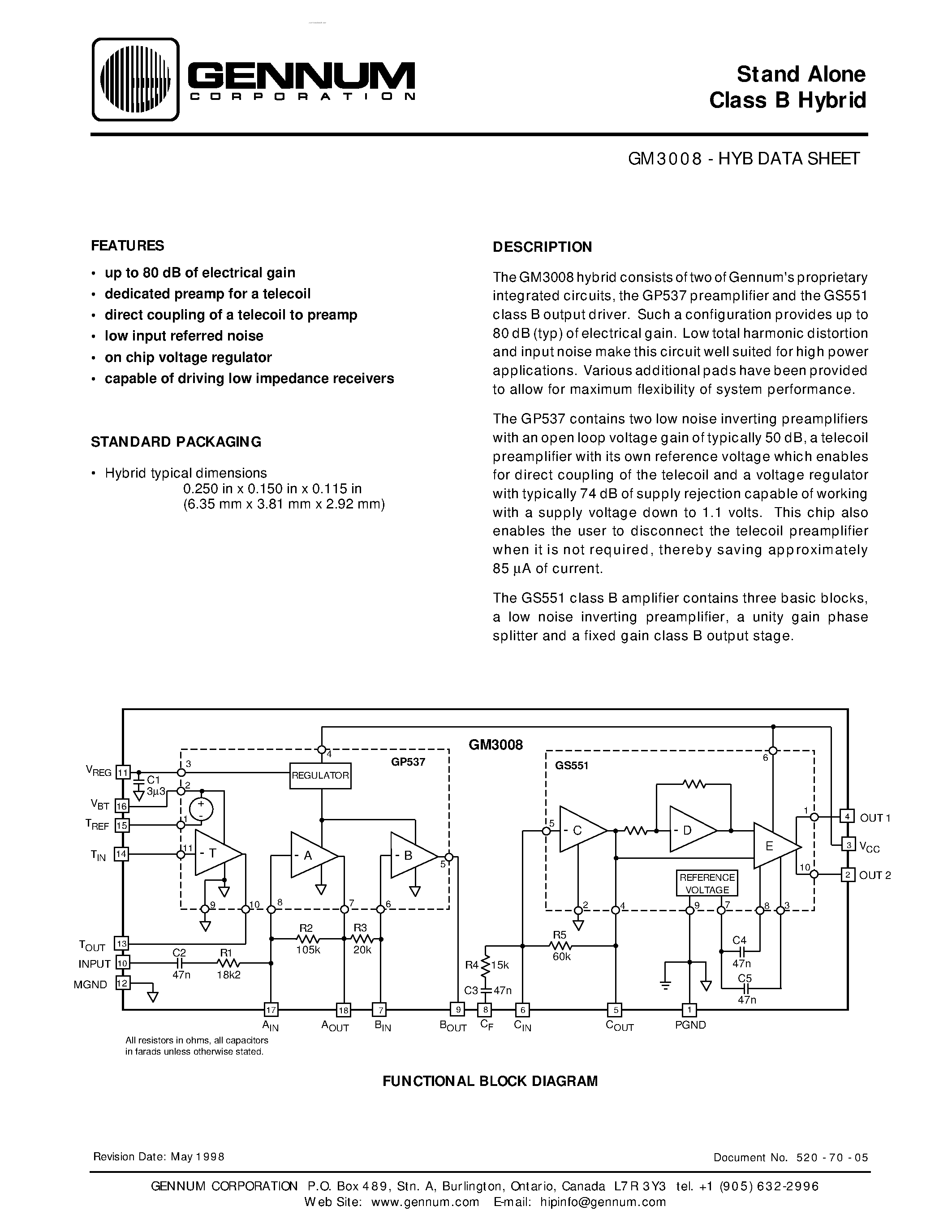 Datasheet GM3008 - Stand Alone Class B Hybrid page 1