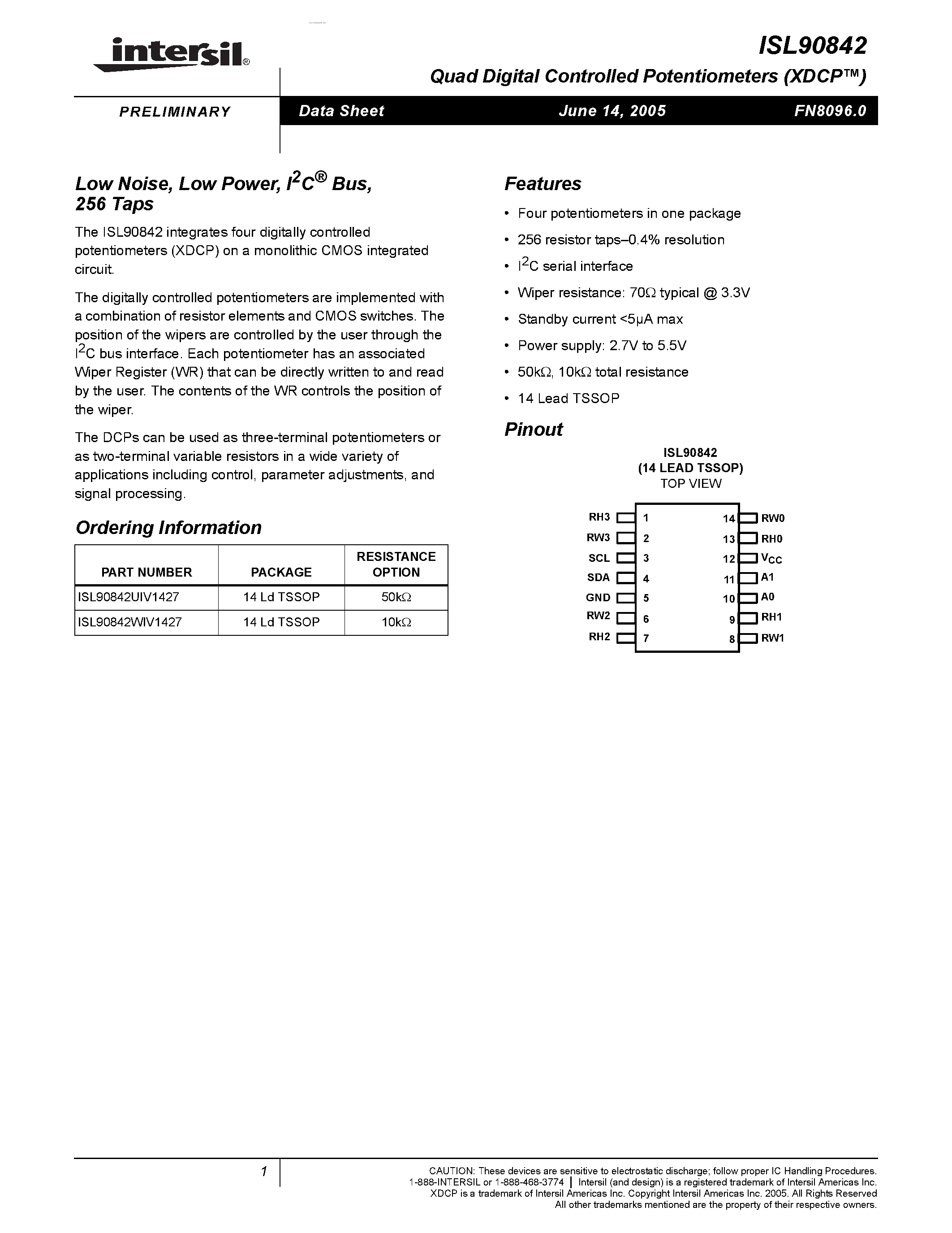 Datasheet ISL90842 - Low Noise/Low Power/I2C Bus/256 Taps page 1