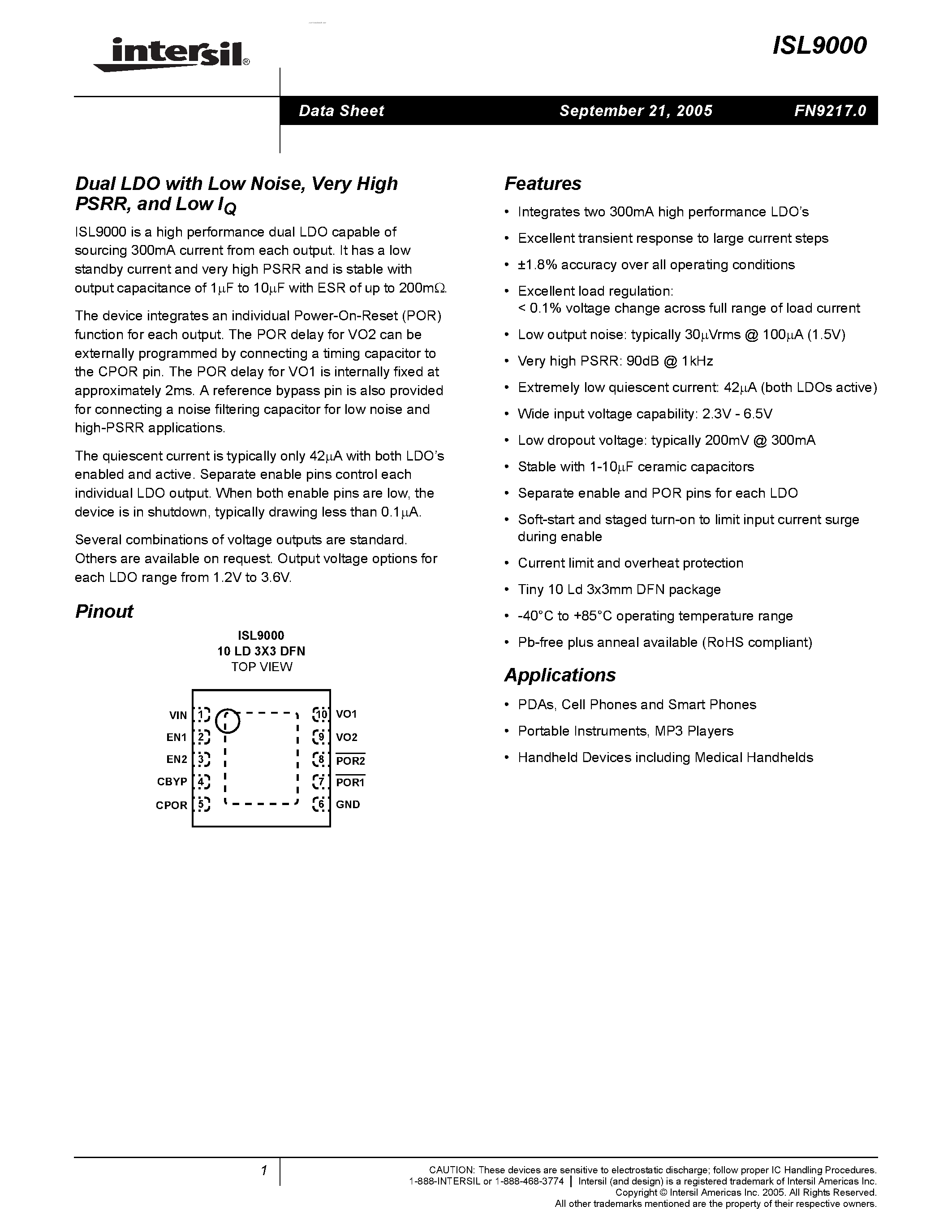 Datasheet ISL9000 - Dual LDO page 1