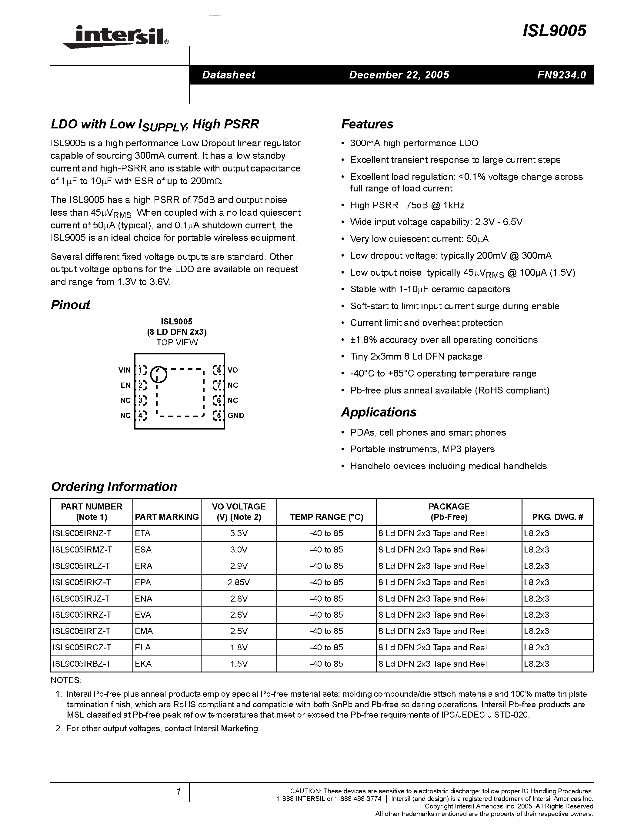 Datasheet ISL9005 - LDO page 1