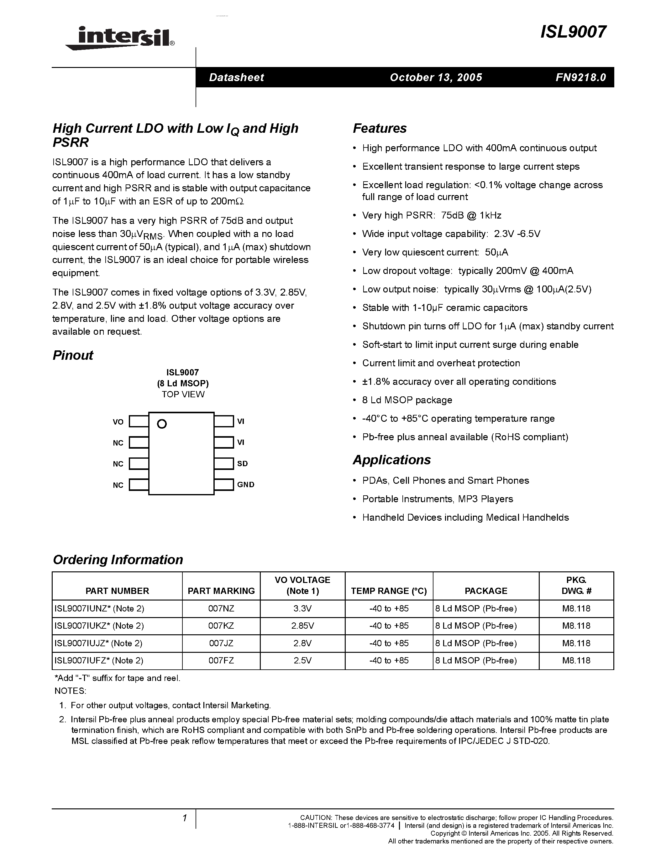 Datasheet ISL9007 - High Current LDO page 1