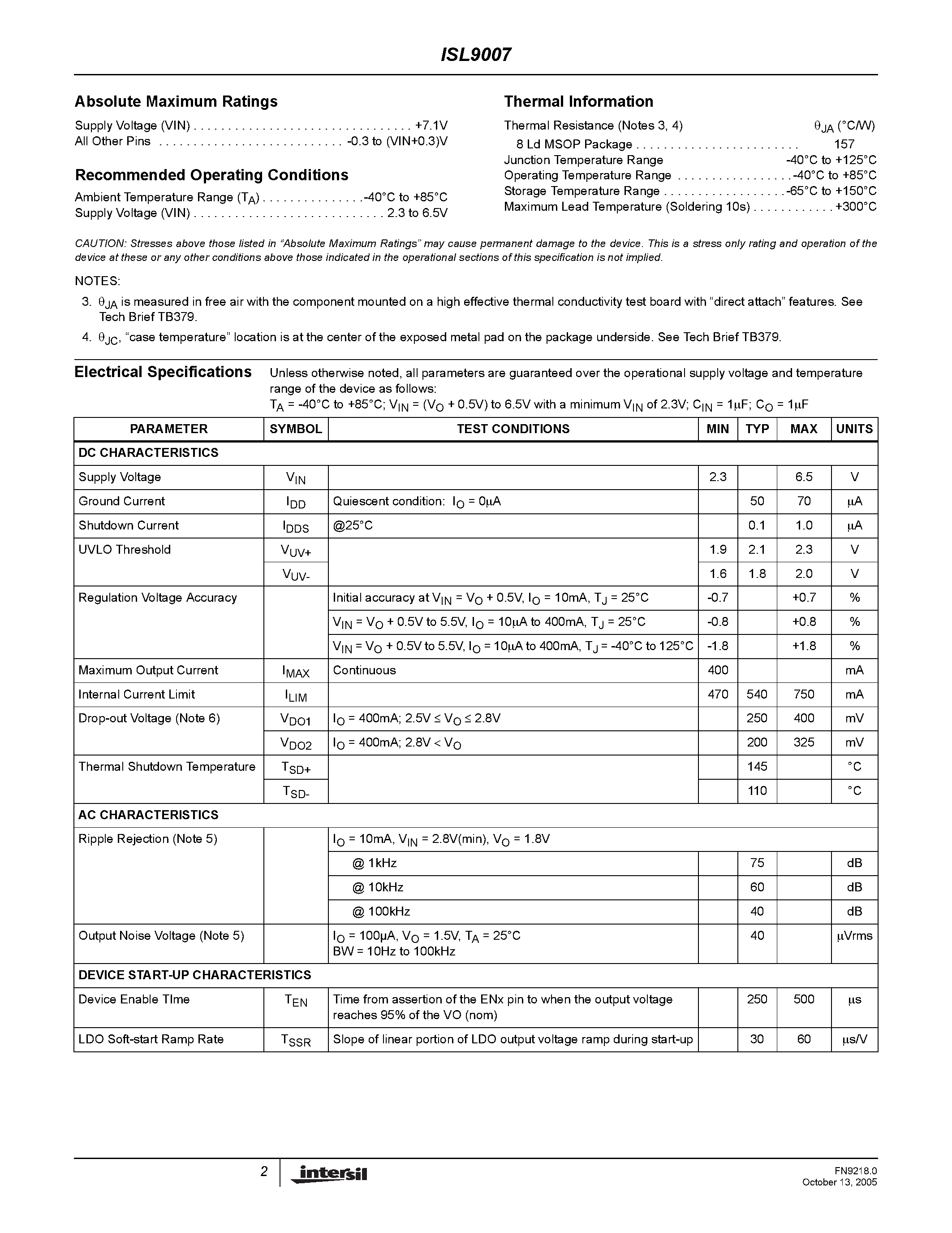 Datasheet ISL9007 - High Current LDO page 2