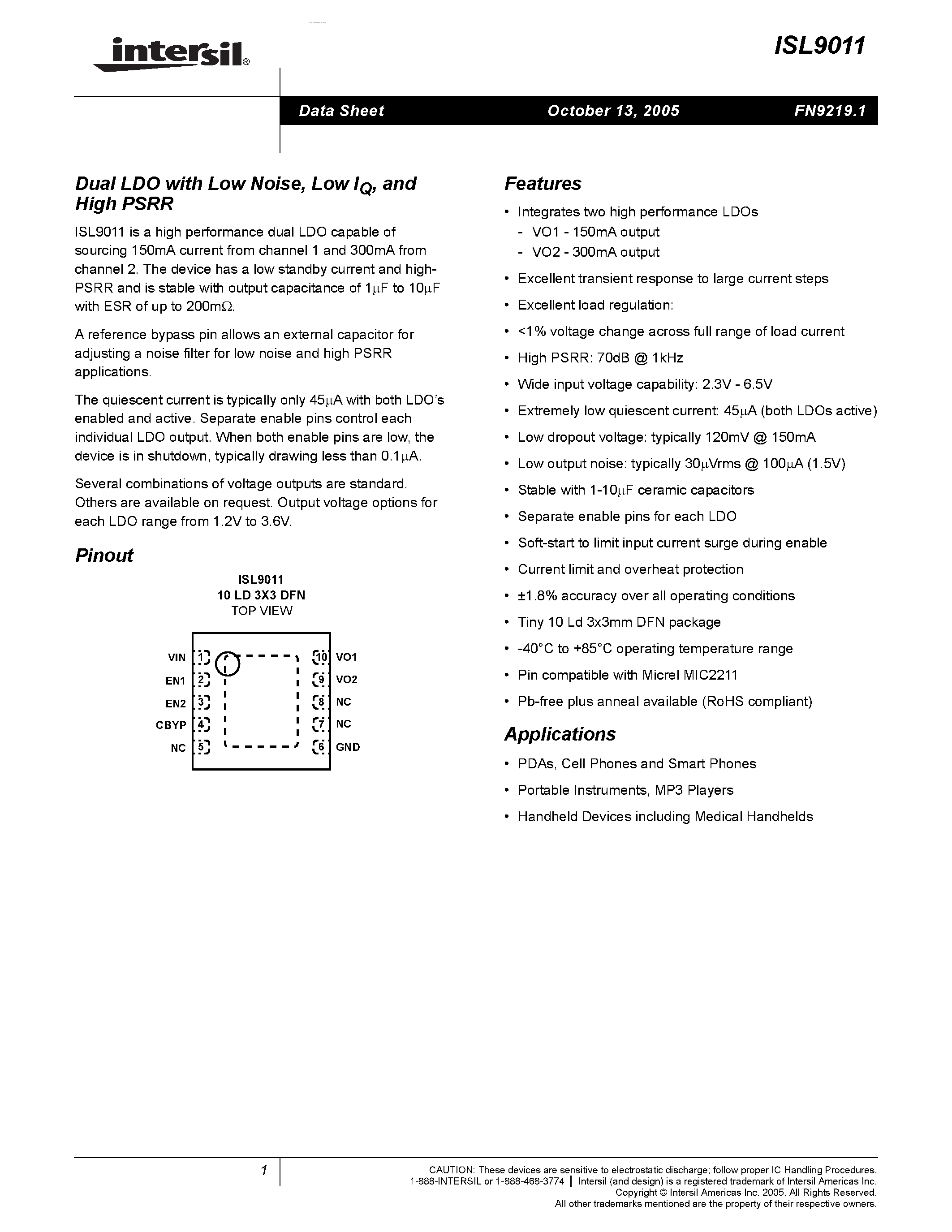 Datasheet ISL9011 - Dual LDO page 1