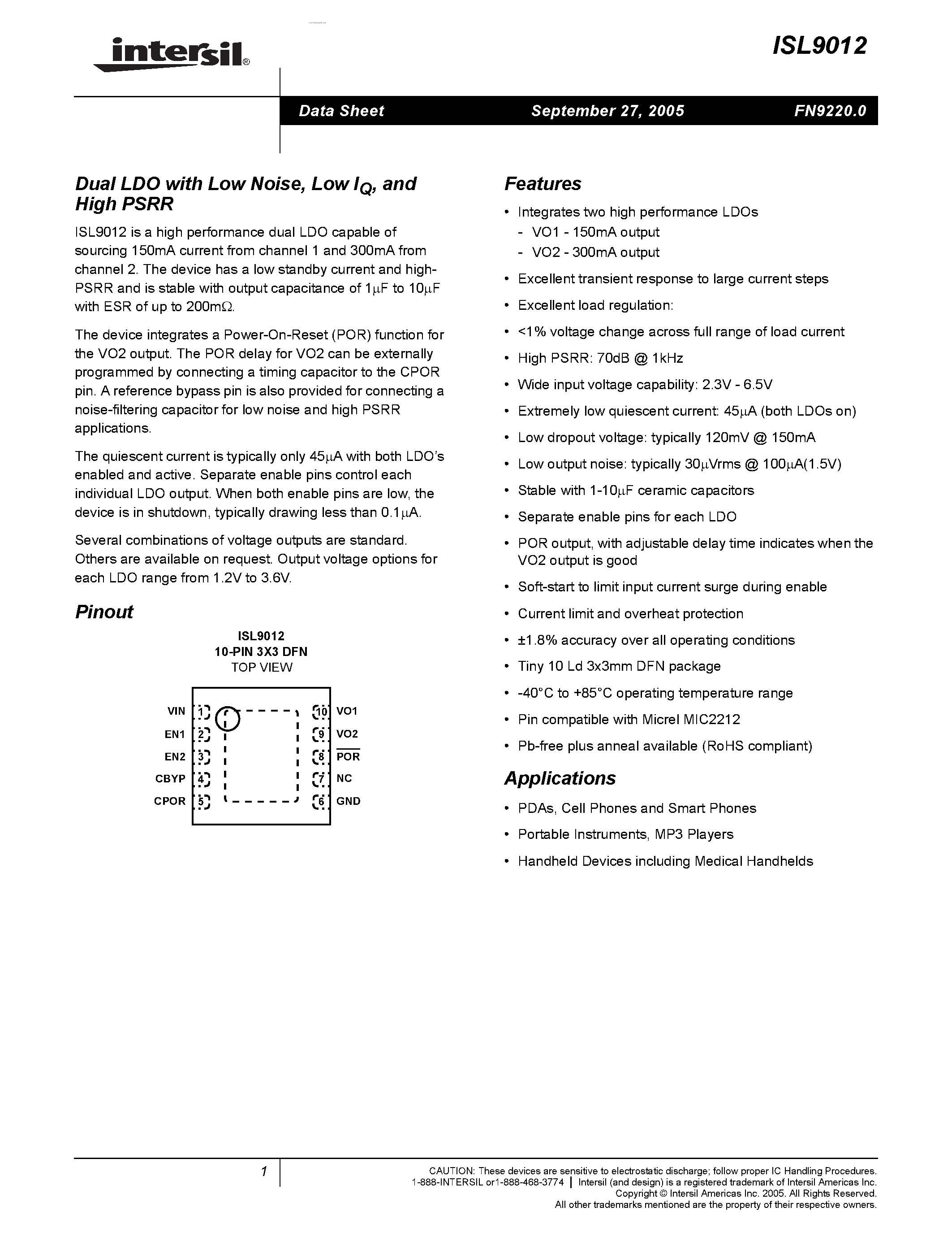 Datasheet ISL9012 - Dual LDO page 1