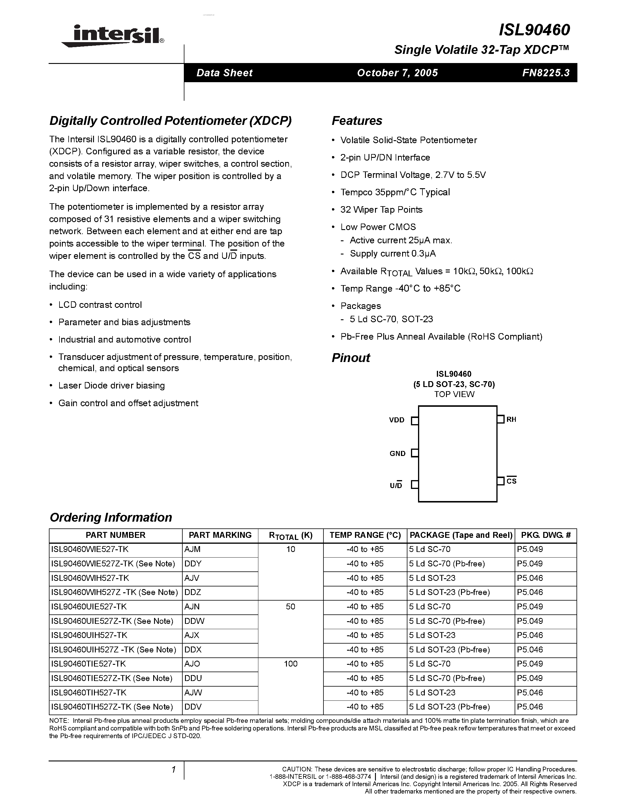 Datasheet ISL90460 - Digitally Controlled Potentiometer page 1