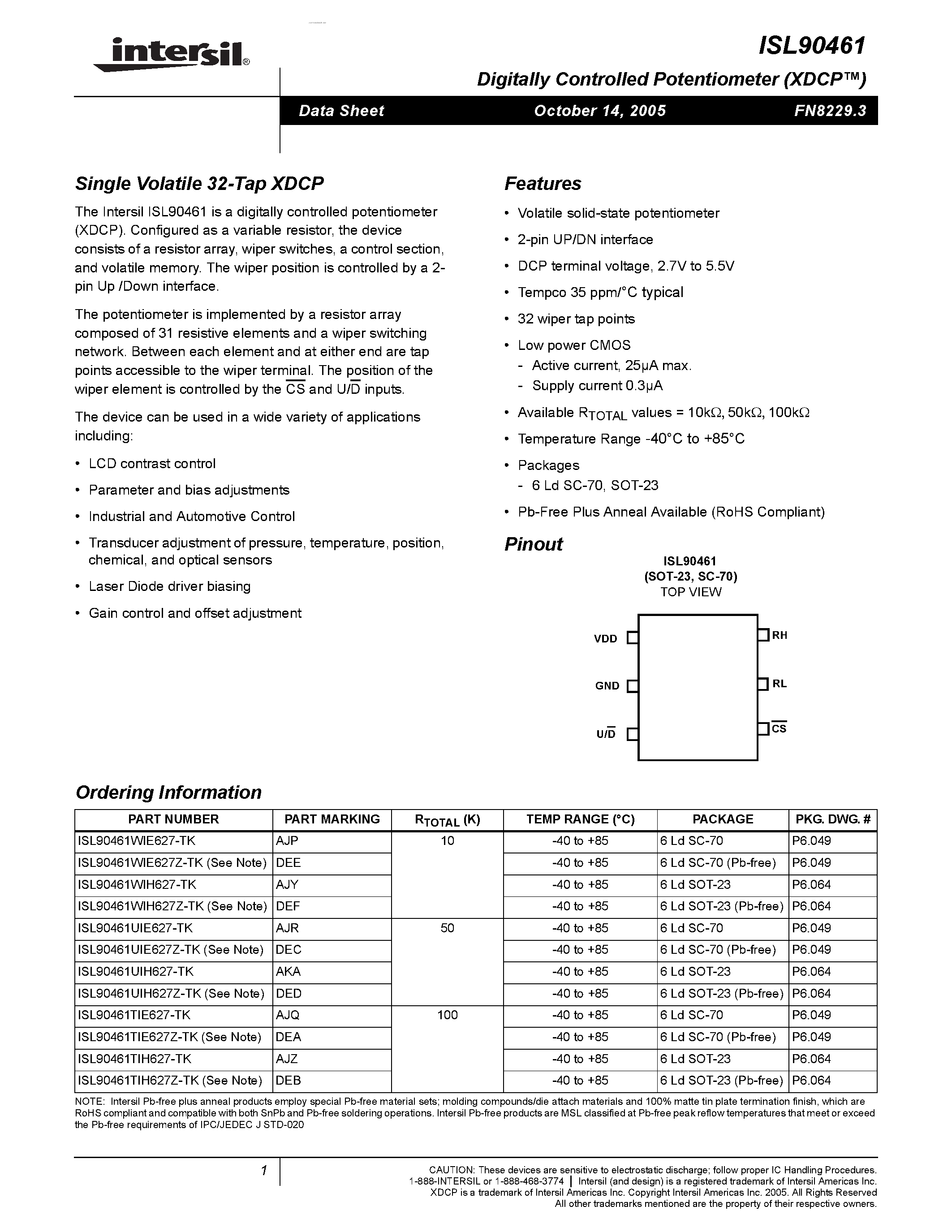 Datasheet ISL90461 - Single Volatile 32-Tap XDCP page 1