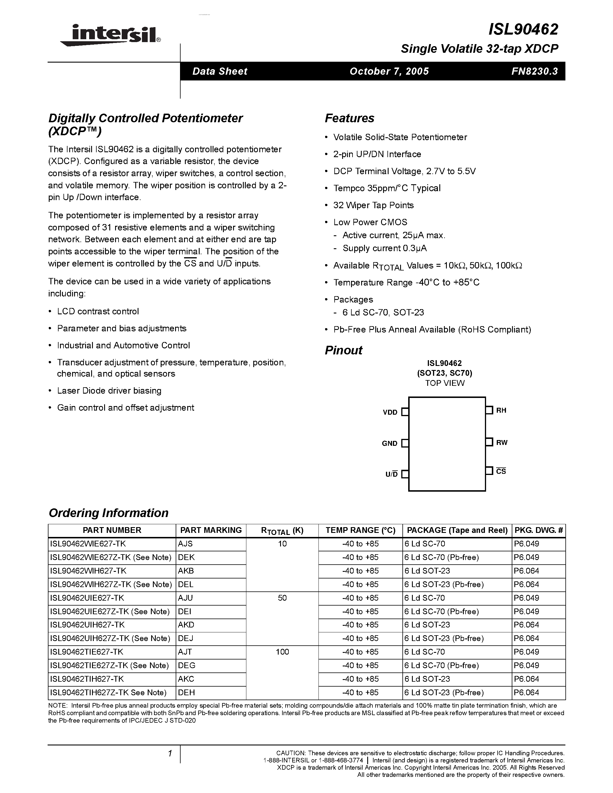 Datasheet ISL90462 - Digitally Controlled Potentiometer page 1