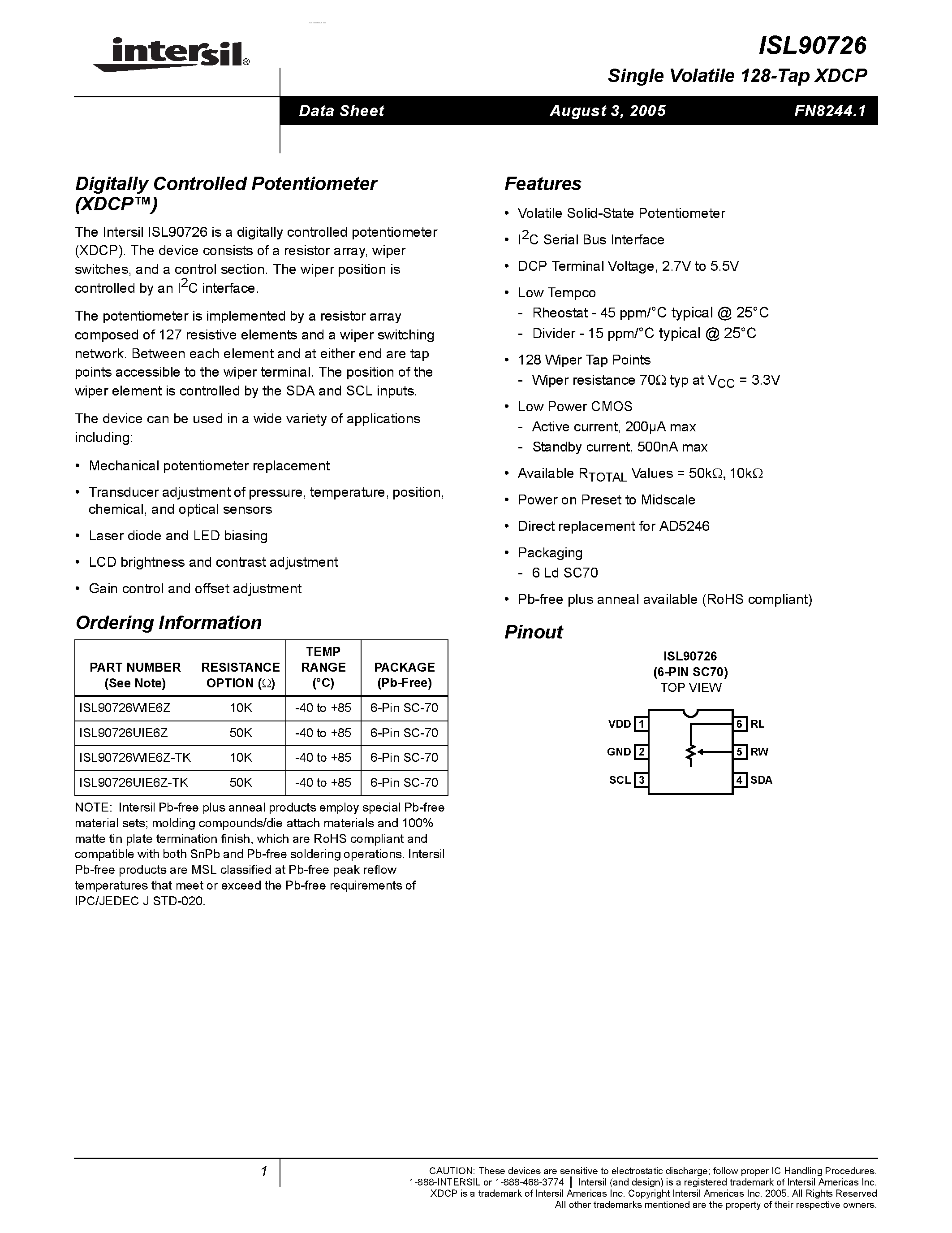 Datasheet ISL90726 - Digitally Controlled Potentiometer page 1