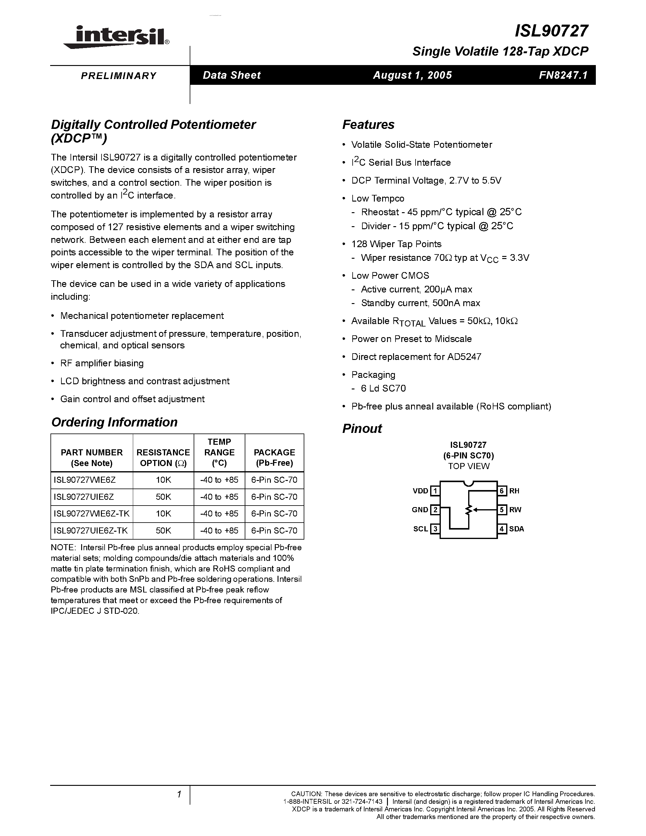 Datasheet ISL90727 - Digitally Controlled Potentiometer page 1