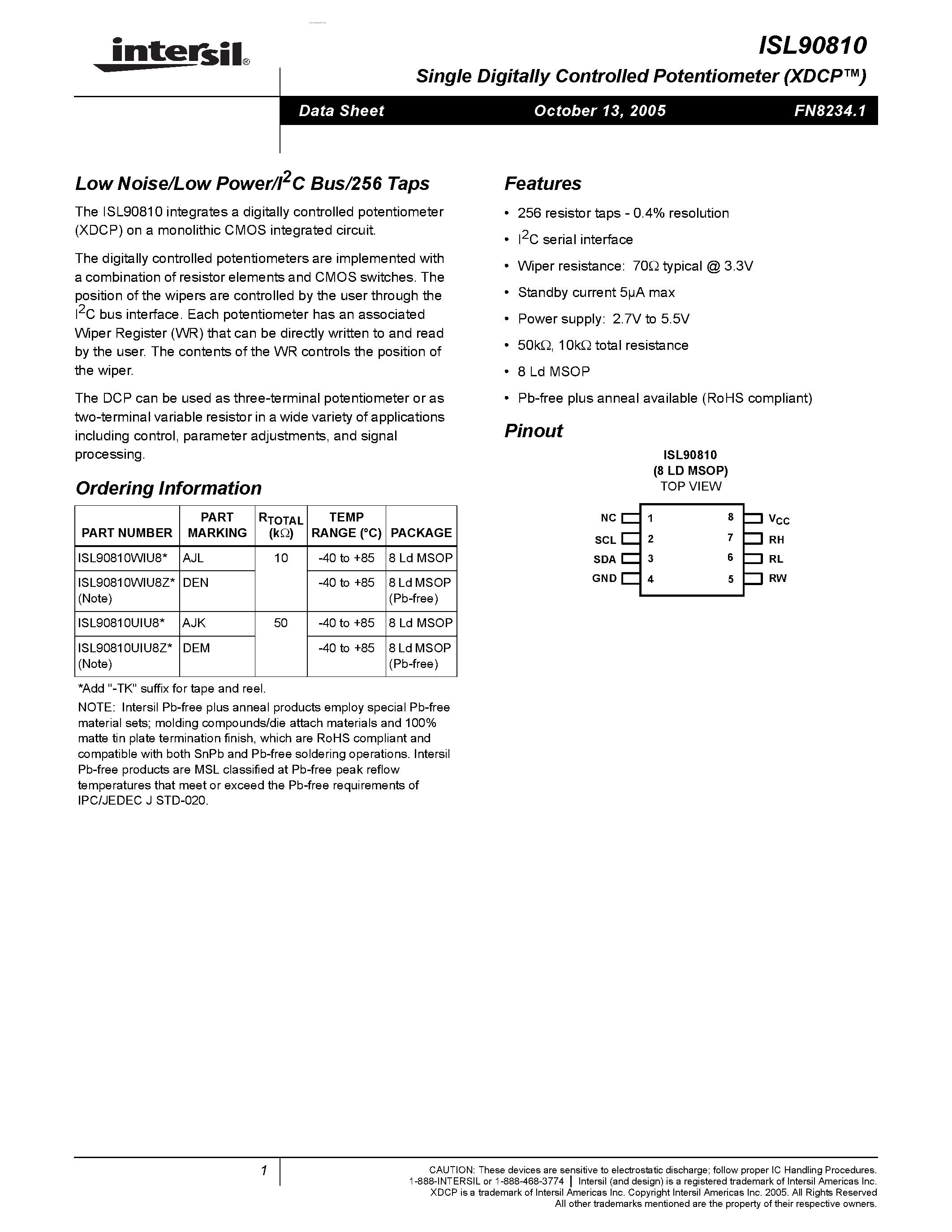 Datasheet ISL90810 - Low Noise/Low Power/I2C Bus/256 Taps page 1