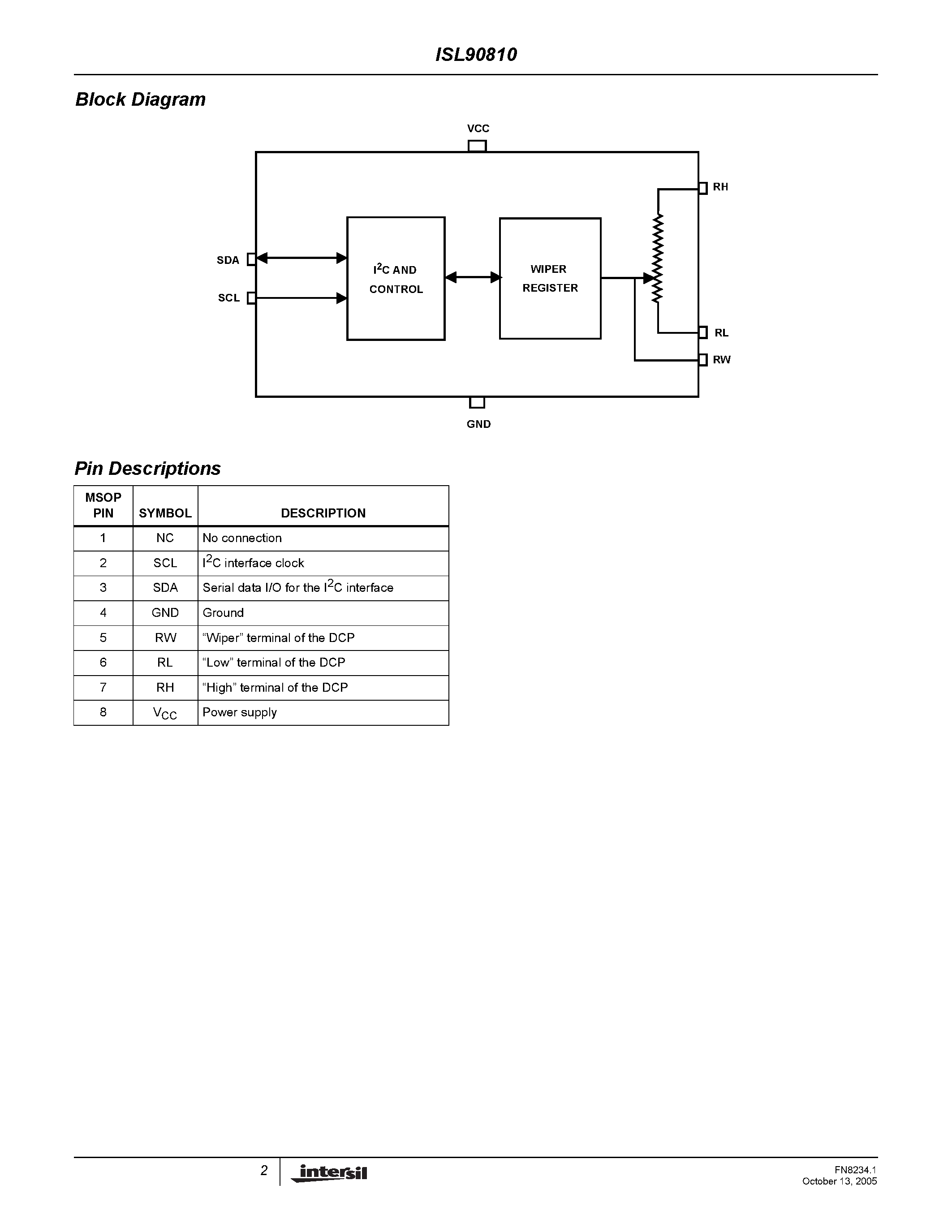 Datasheet ISL90810 - Low Noise/Low Power/I2C Bus/256 Taps page 2