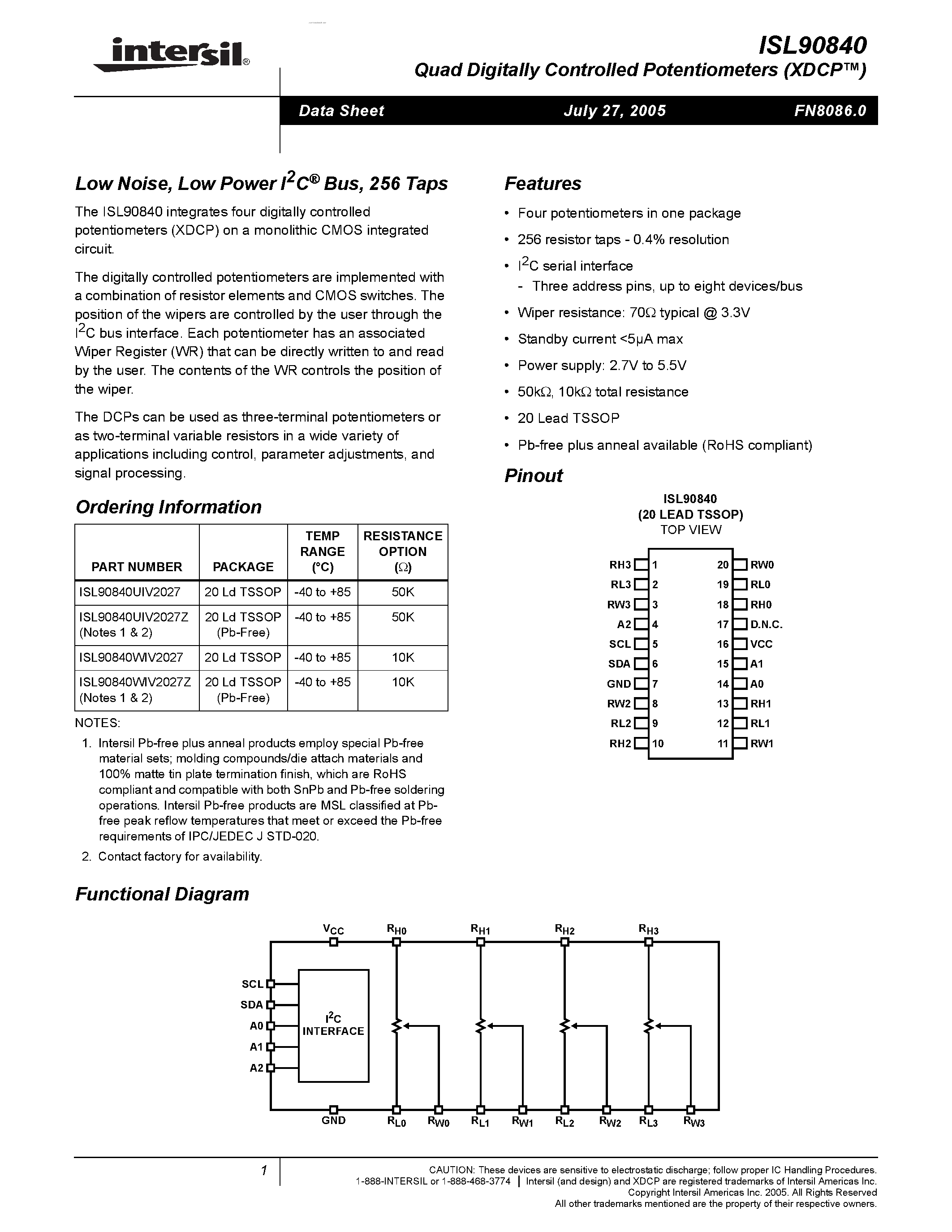 Datasheet ISL90840 - Low Noise/Low Power/I2C Bus/256 Taps page 1