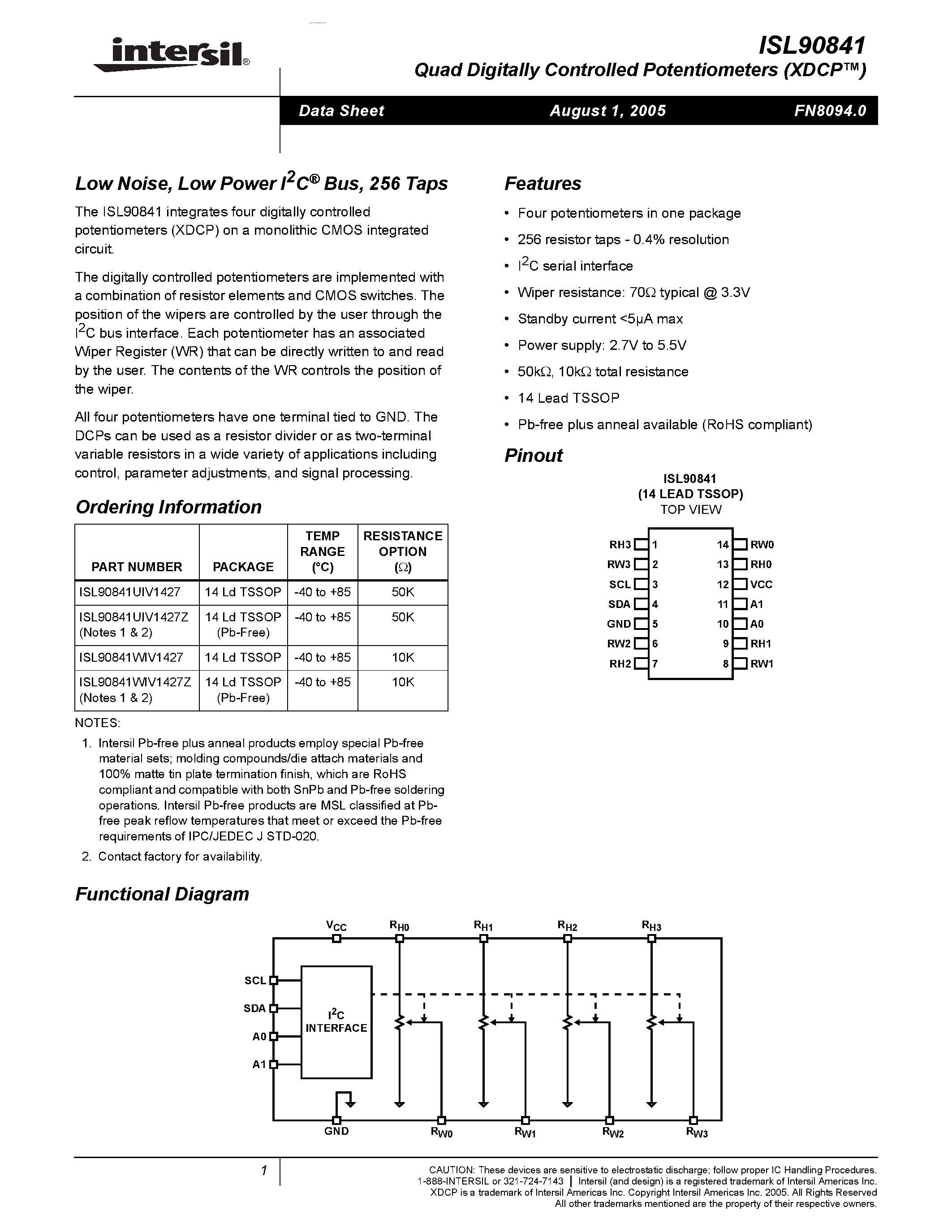 Datasheet ISL90841 - Low Noise/Low Power/I2C Bus/256 Taps page 1