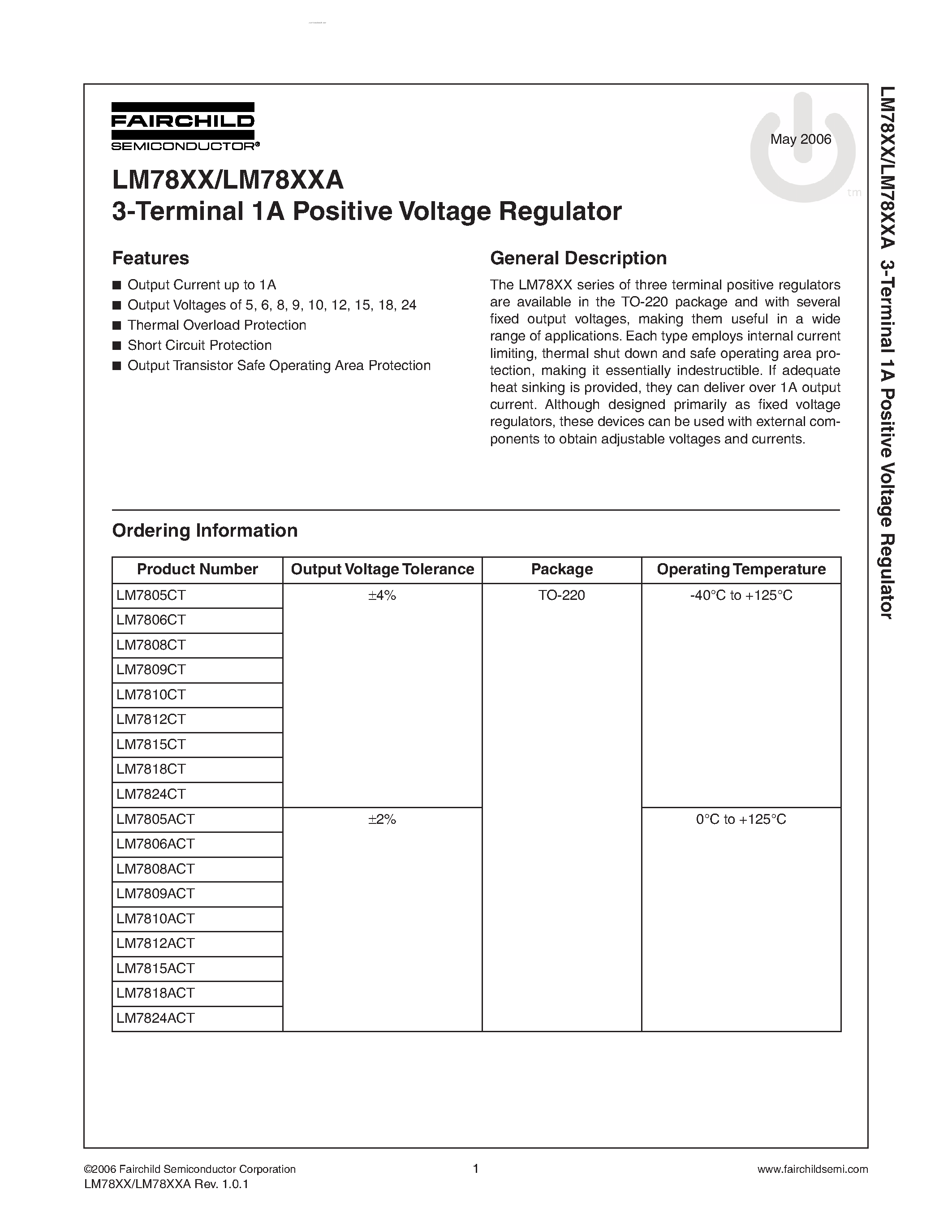 Даташит LM78XX - 3-Terminal 1A Positive Voltage Regulator страница 1