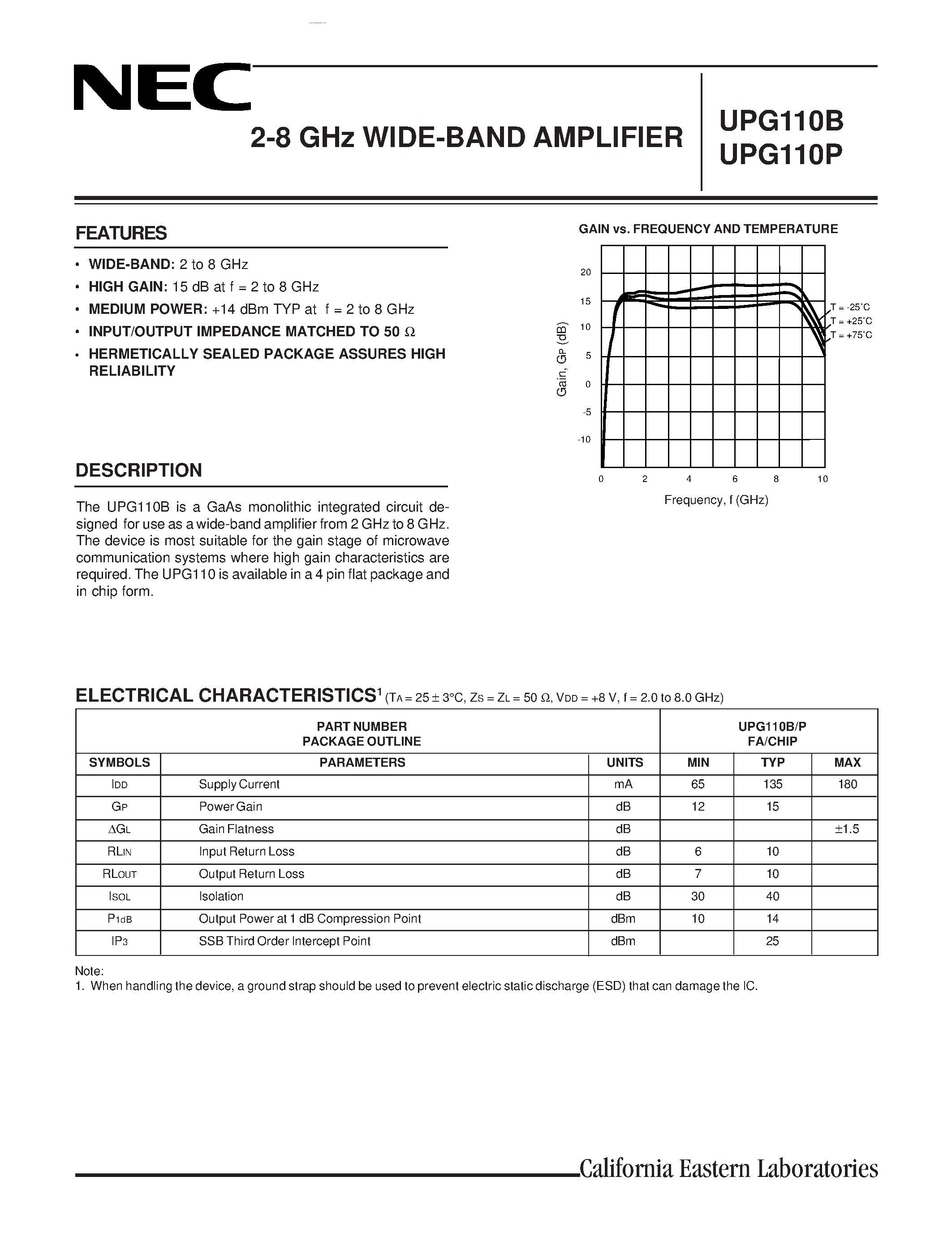 Даташит UPG110B - 2-8 GHZ WIDE-BAND AMPLIFIER страница 1