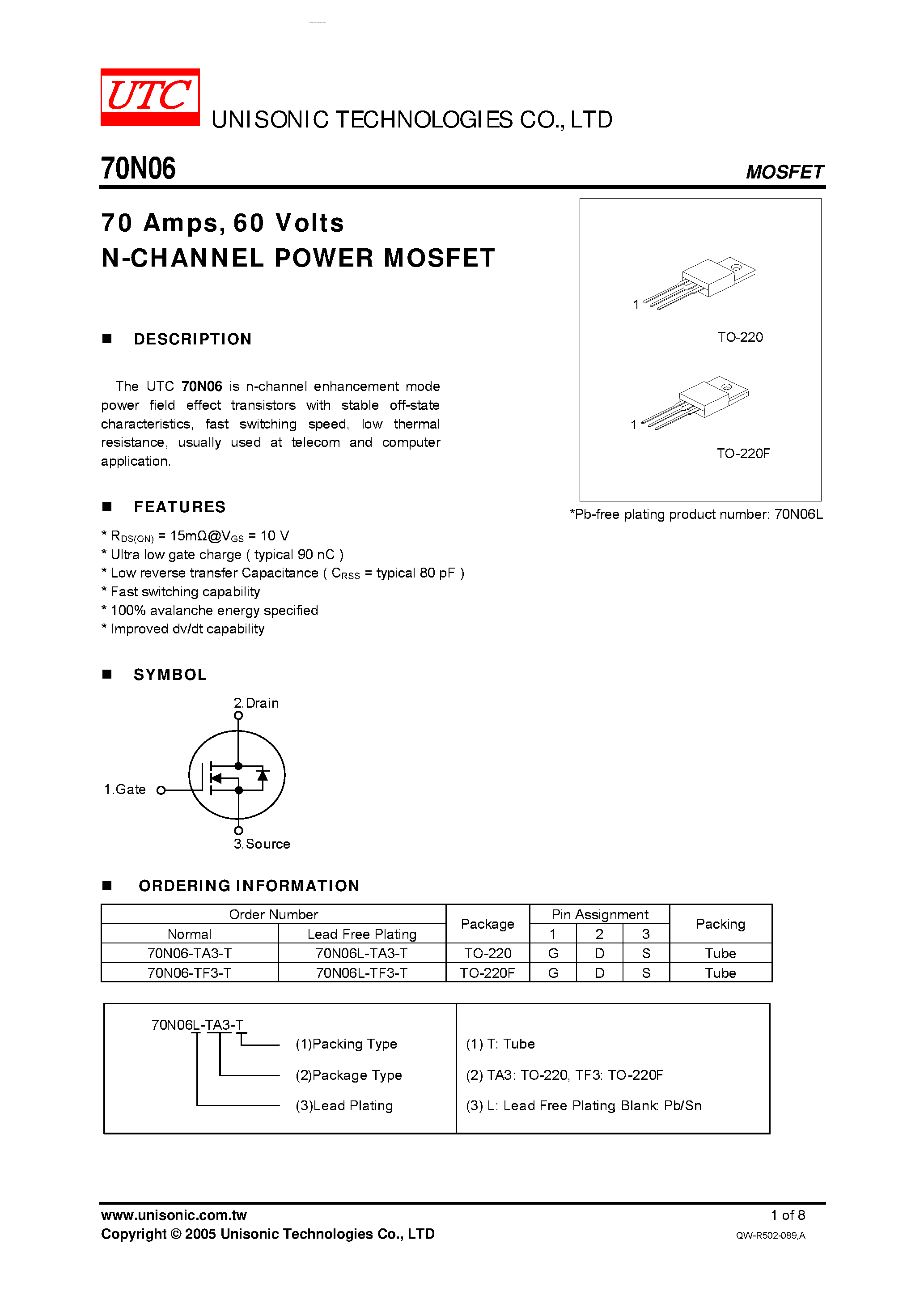 Даташит 70N06 - N-CHANNEL POWER MOSFET страница 1