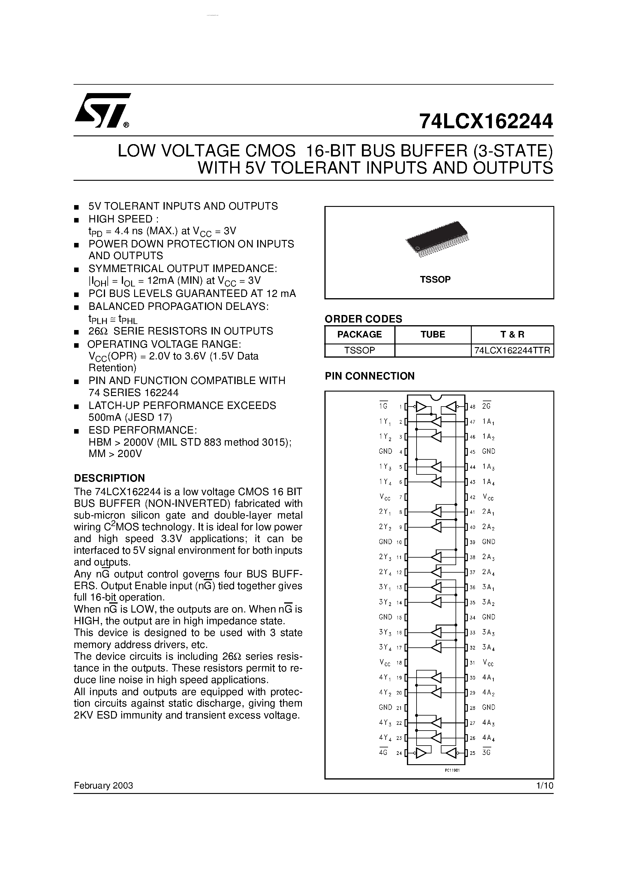 Datasheet 74LCX162244 - LOW VOLTAGE CMOS 16-BIT BUS BUFFER page 1