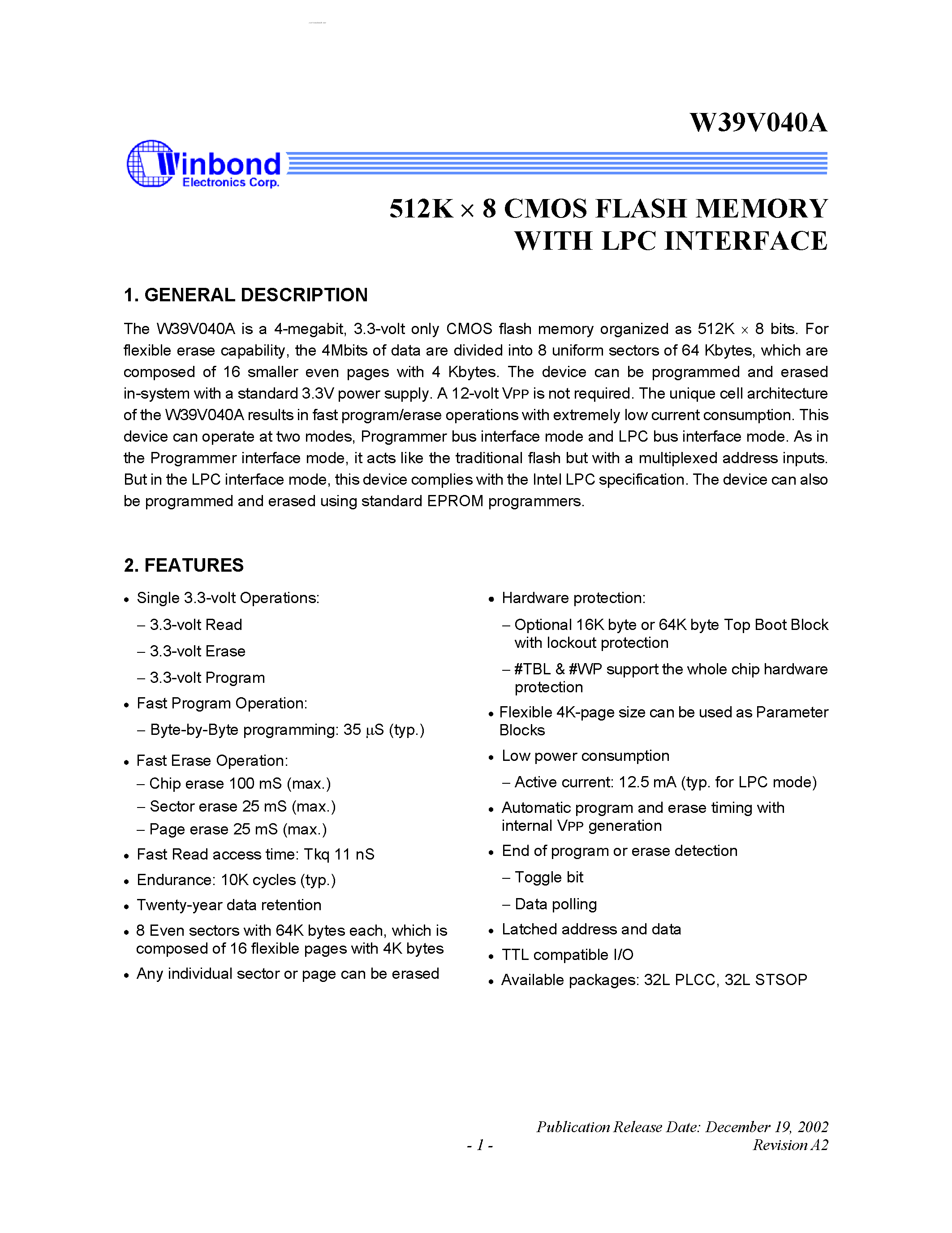 Datasheet W39V040A - 512K X 8 CMOS FLASH MEMORY page 1