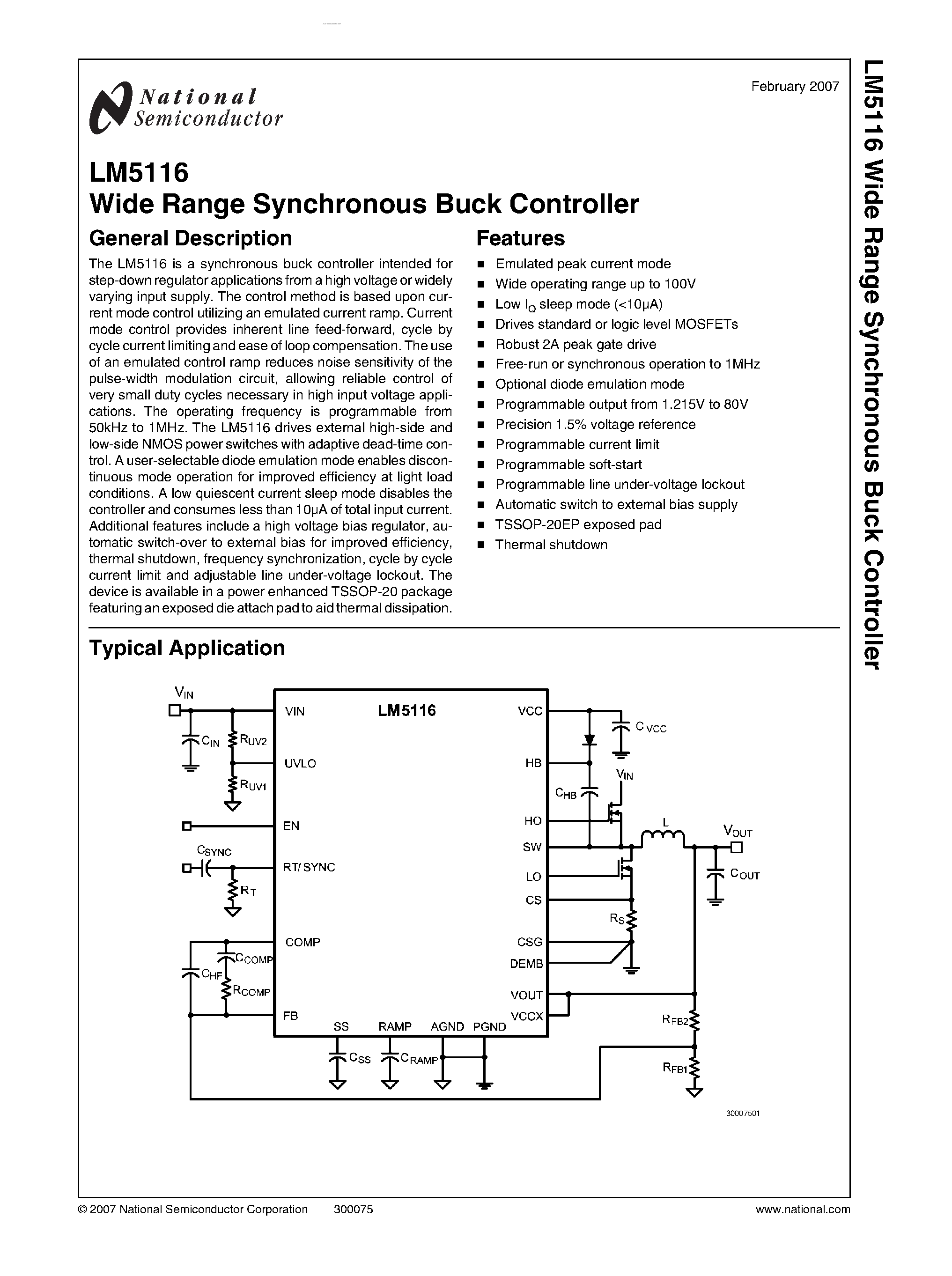 Datasheet LM5116 - Wide Range Synchronous Buck Controller page 1