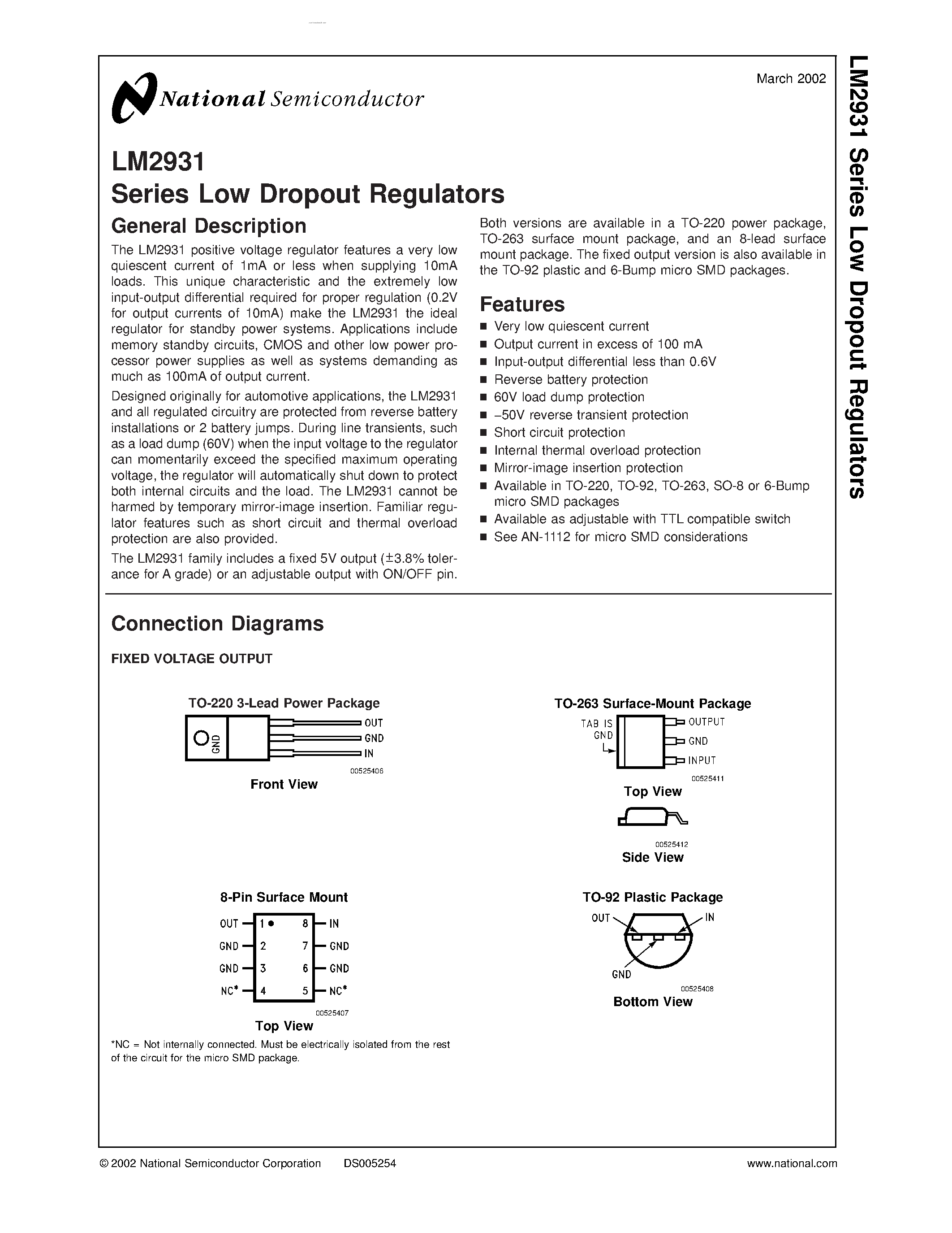 Datasheet LM2931 - Series Low Dropout Regulators page 1