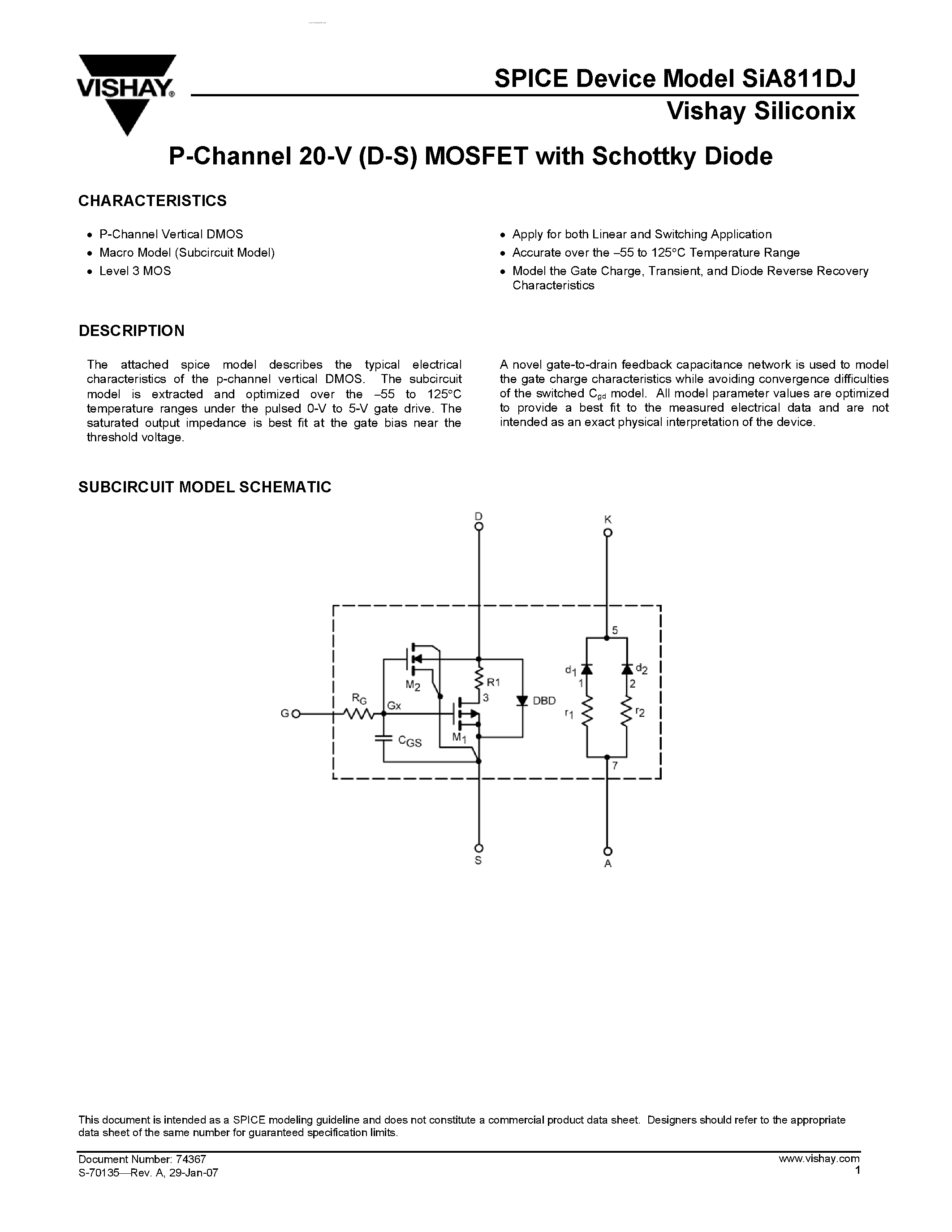 Даташит SIA811DJ - P-Channel 20-V (D-S) MOSFET страница 1