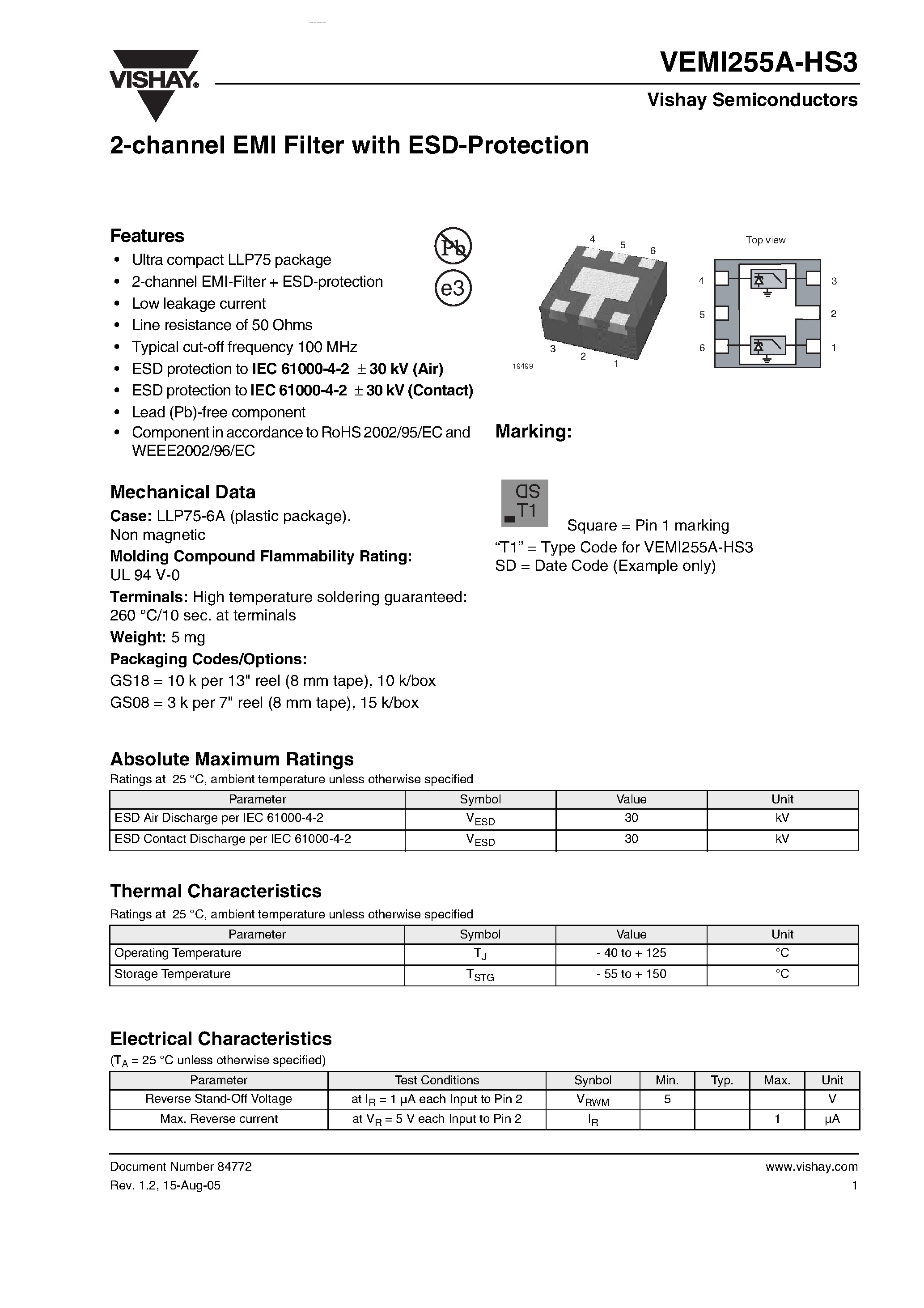 Даташит VEMI255A-HS3 - 2-channel EMI Filter страница 1